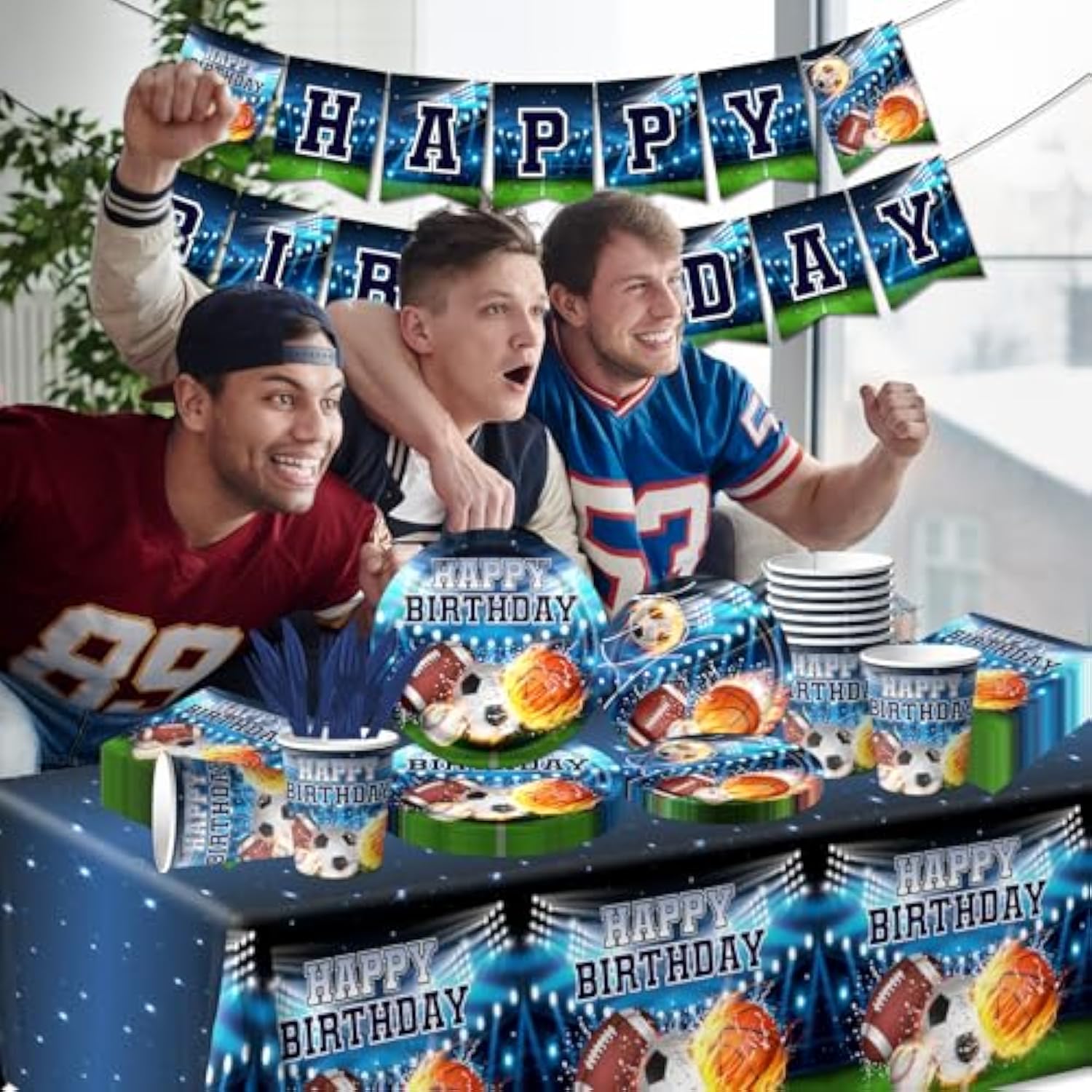 142Pcs Sports Party Supplies Set with Plates, Napkins, Tablecloth & Banner and All-Star Theme