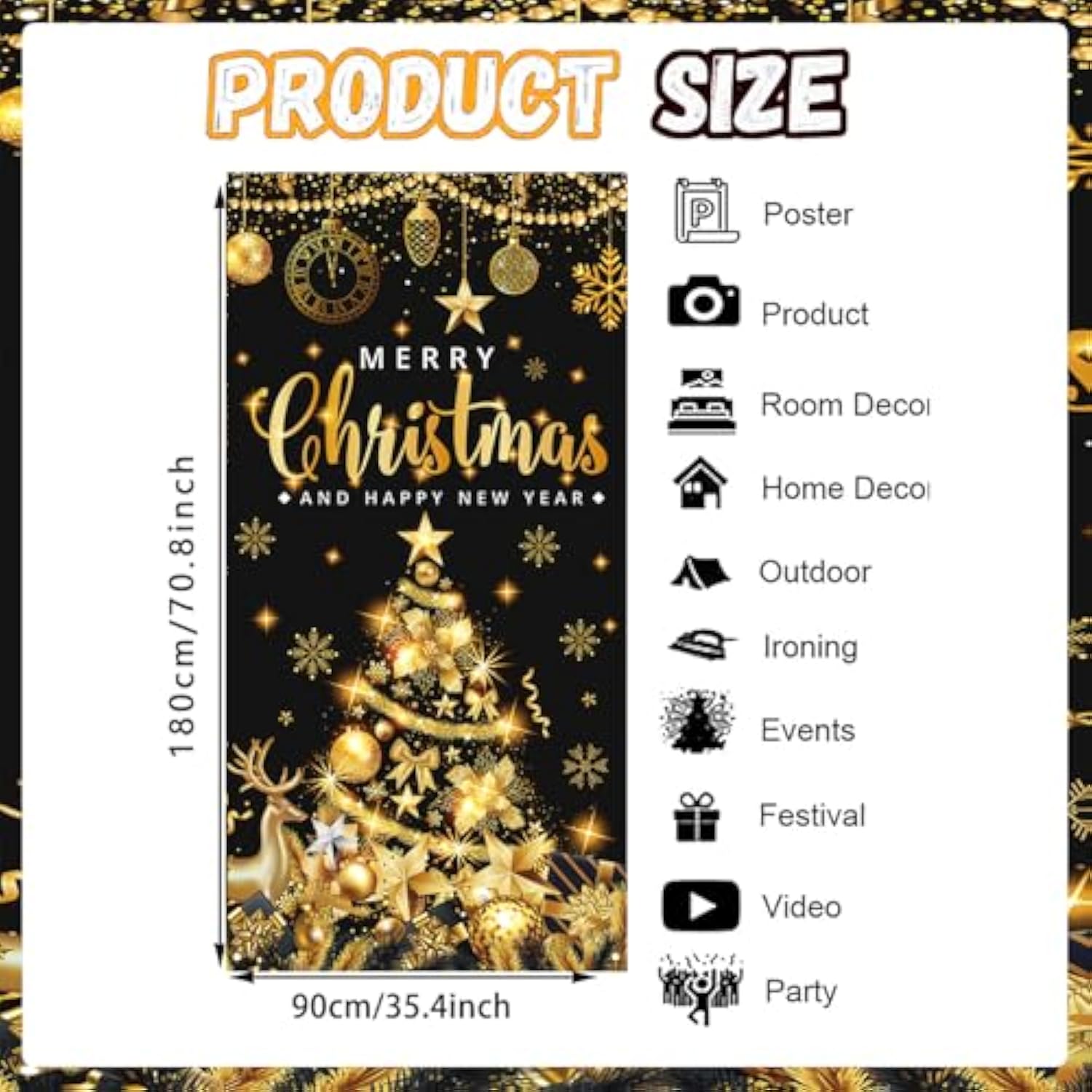 Large Size Merry Christmas & Happy New Year Party Banner, Black Gold, 71X35 Inches
