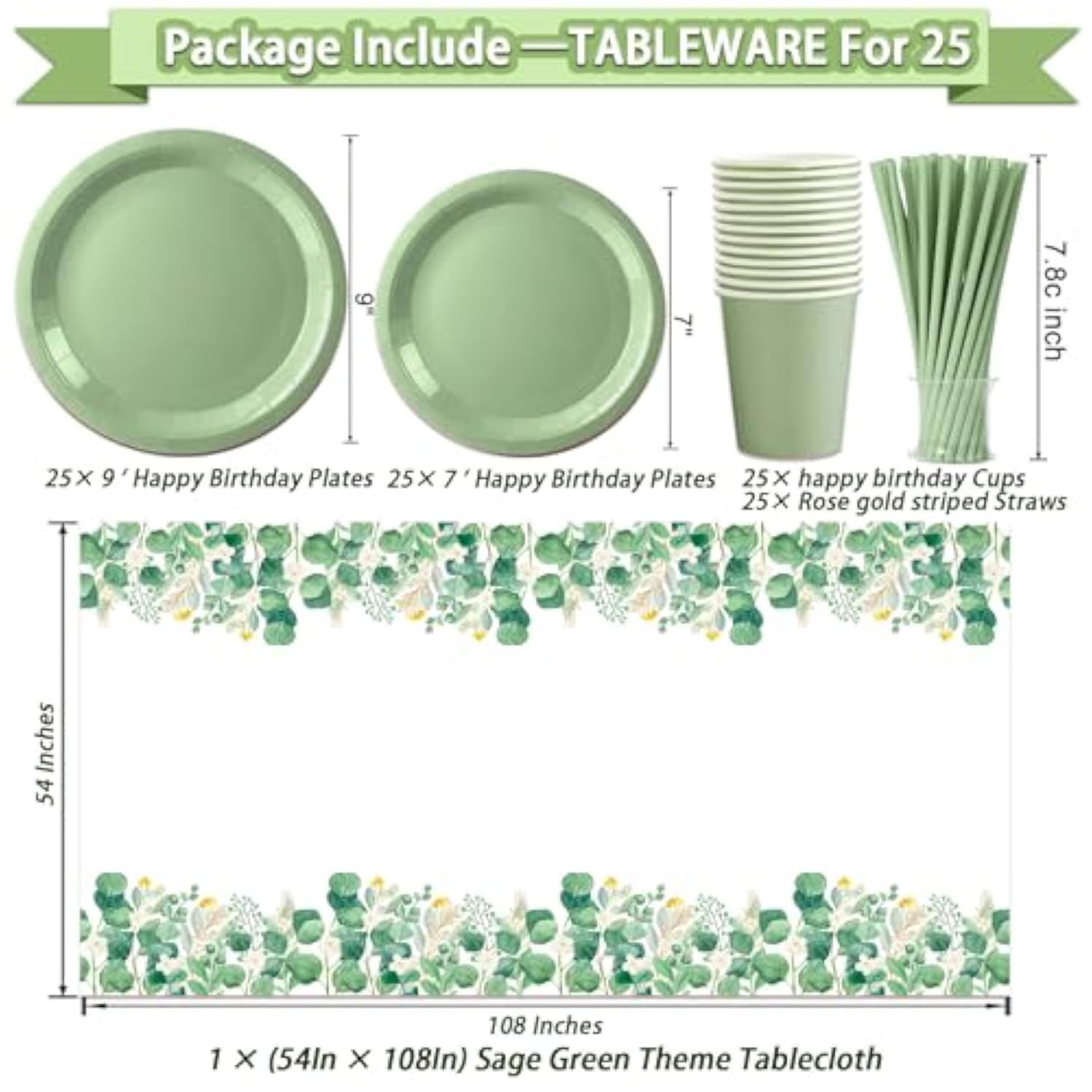 222 Pcs Sage Green Happy Birthday Decorations, Birthday Decorations For Women Or Girl Kit- Disposable Dinnerware Set With 25 Guest, Balloons, Sash, Tiara, Banner, Paper Pom Poms