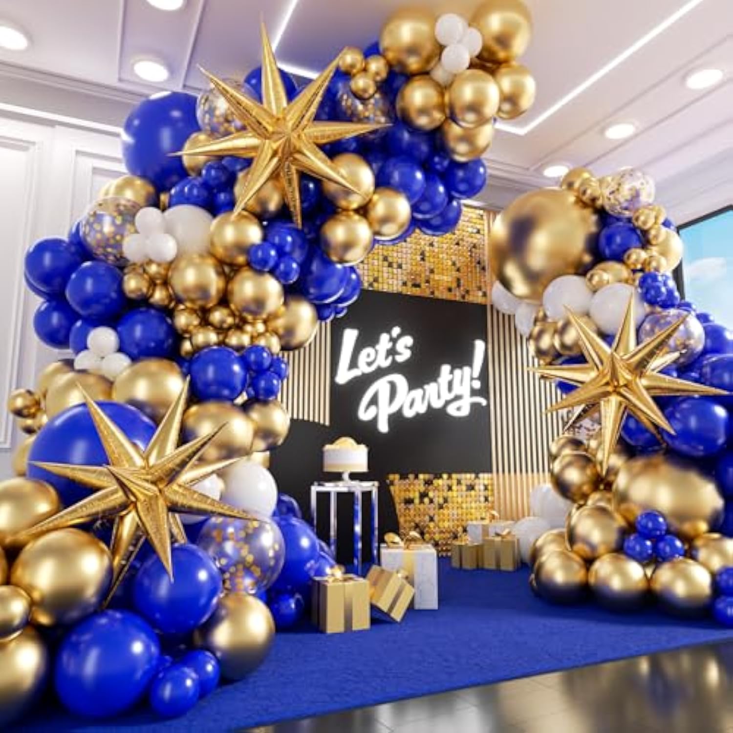 Royal Blue And Gold Balloon Garland Arch Kit, Party Decorations With White And Gold Confetti Latex Balloons For Anniversary, Wedding, New Year, Graduation, Birthday