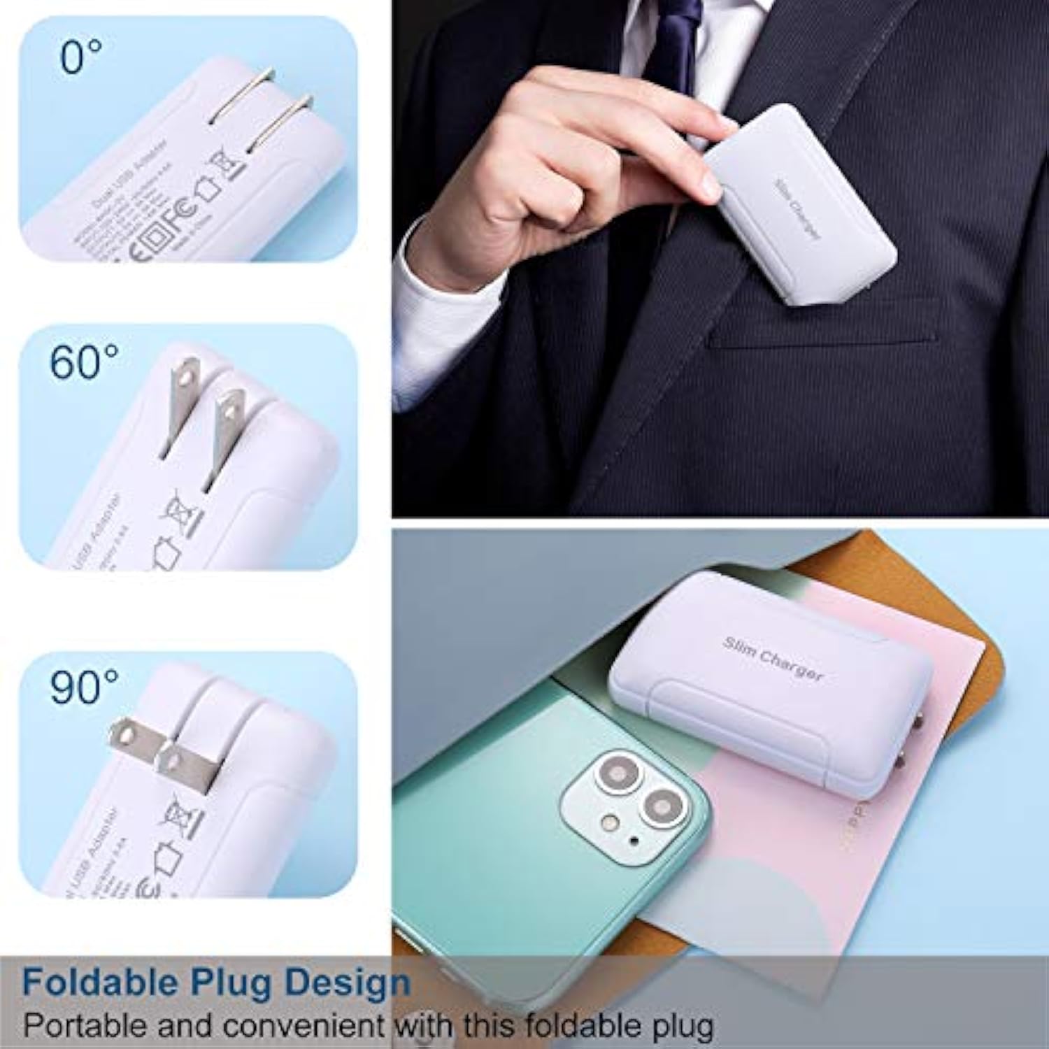 Slim Wall Charger,15W Dual Port Flat Usb Wall Plug,2-Port Usb-A Foldable Flat Charging Block,Portable Low Profile Power Cube Charger Box For Iphone 16 15 14 13 12 11 Pro Max 6 6S 7 8 Plus,Ipad,Samsung