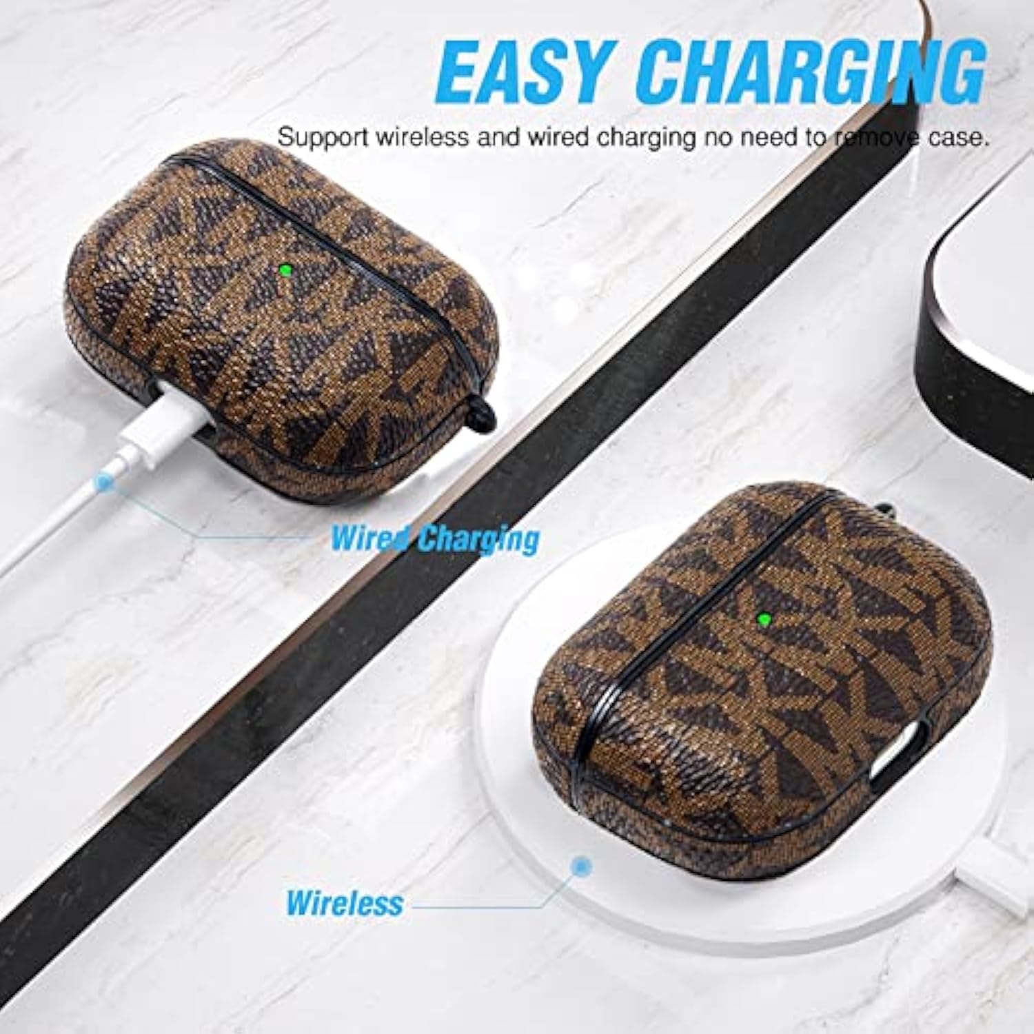 For Airpods Pro Case Cover, Full-Body Protective Hard Shell Leather Airpods Pro Protective Cover With Keychain For Airpods Pro Wireless Charging Case, Front Led Visible