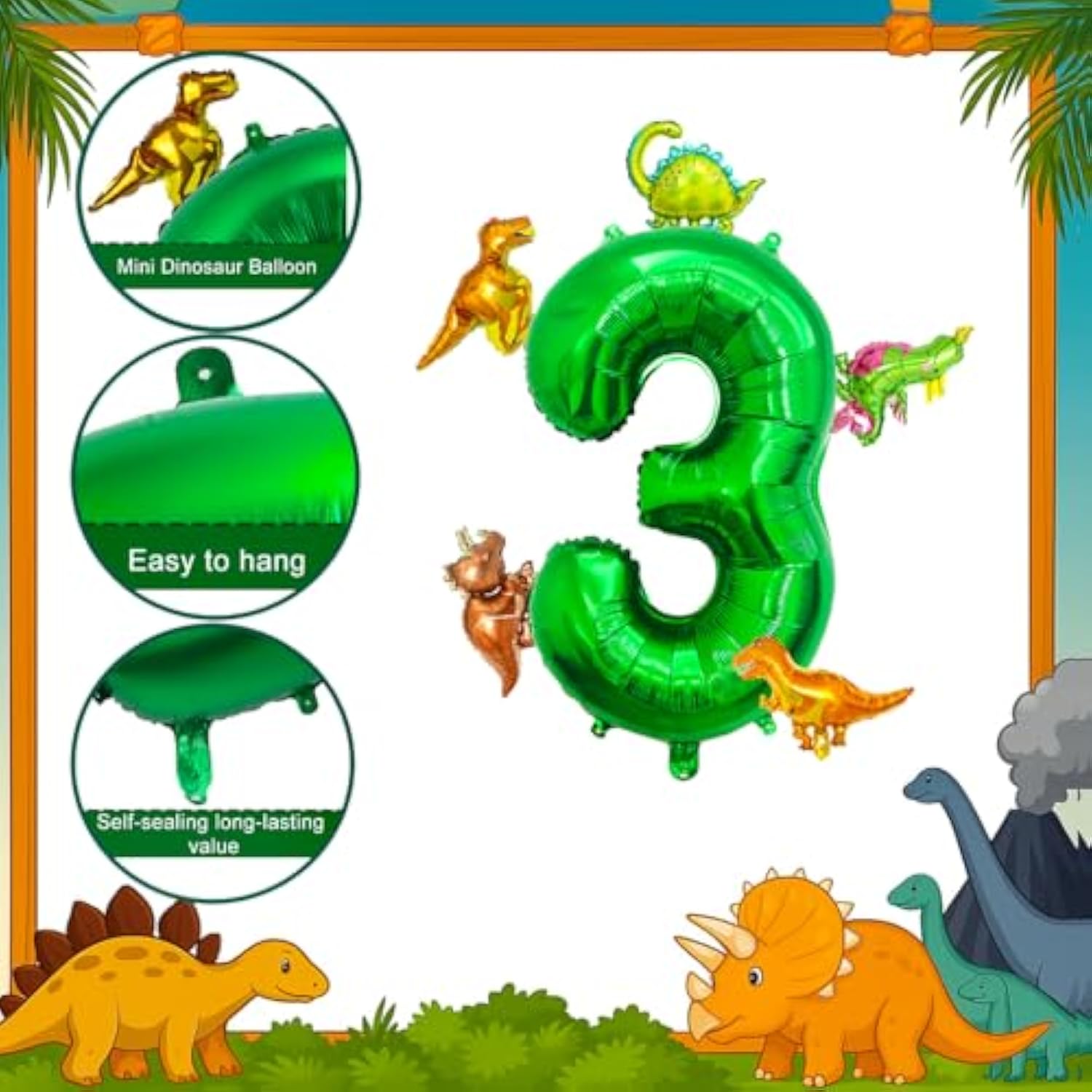 Large Dinosaur Balloon Number 3, 40 Inch Dark Green Foil Balloon And 5 Mini Dinosaurs Balloons For 3Rd Dino Birthday Decorations And Dino Party Supplies Boys And Girls