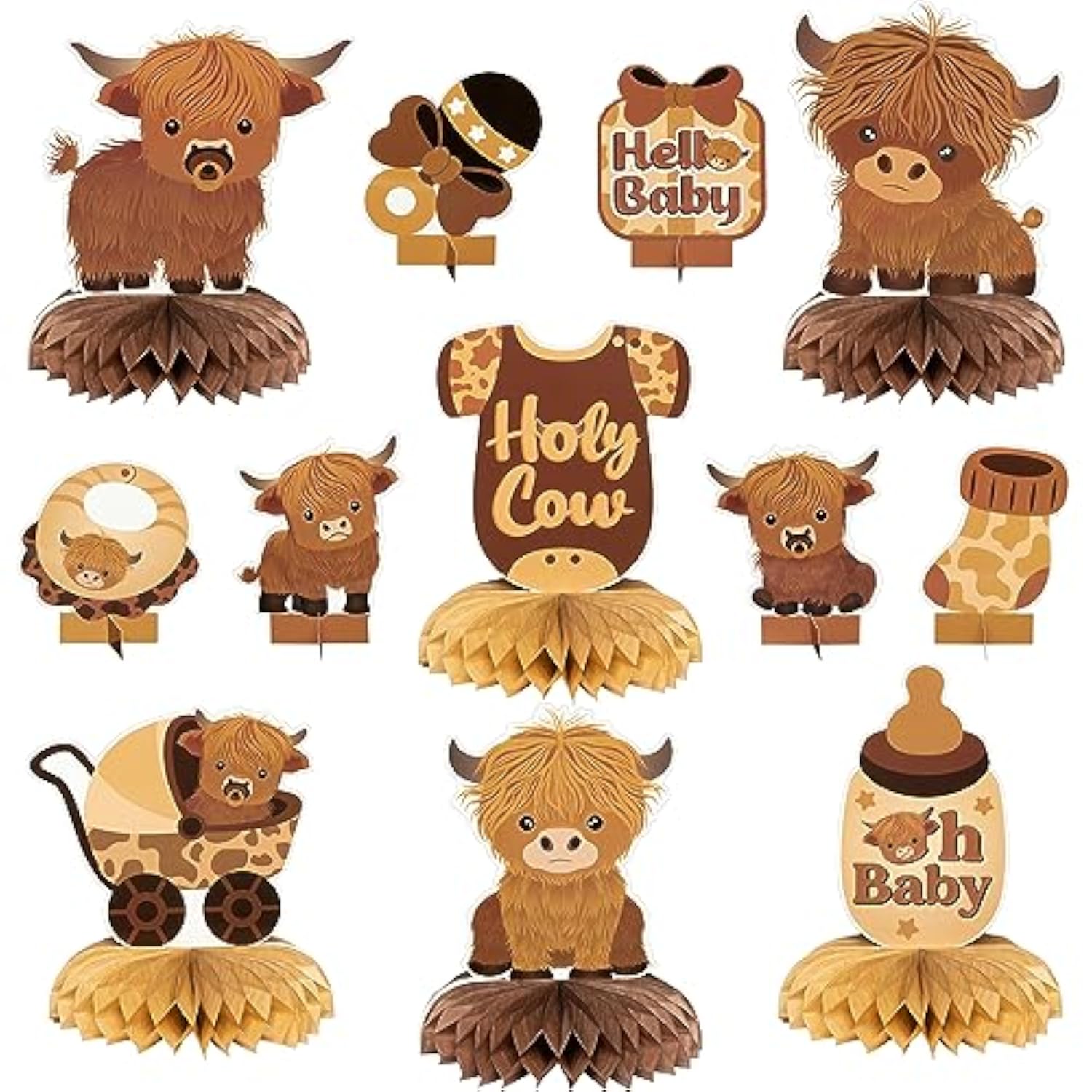 12Pcs Highland Cow Honeycomb Centerpieces Brown Highland Cattle Baby S