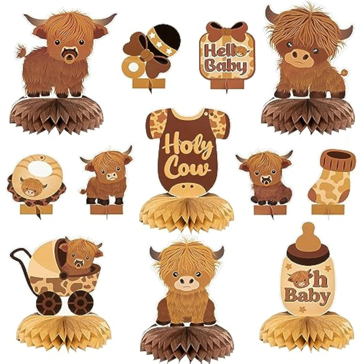 12Pcs Highland Cow Honeycomb Centerpieces Brown Highland Cattle Baby S