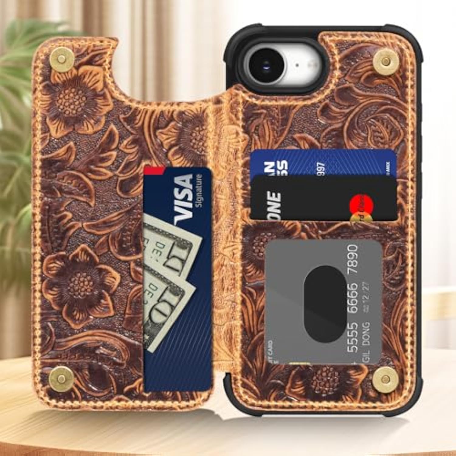 Brown Real Leather Wallet Case Compatible with iPhone 16e/17e 6.1 Inch