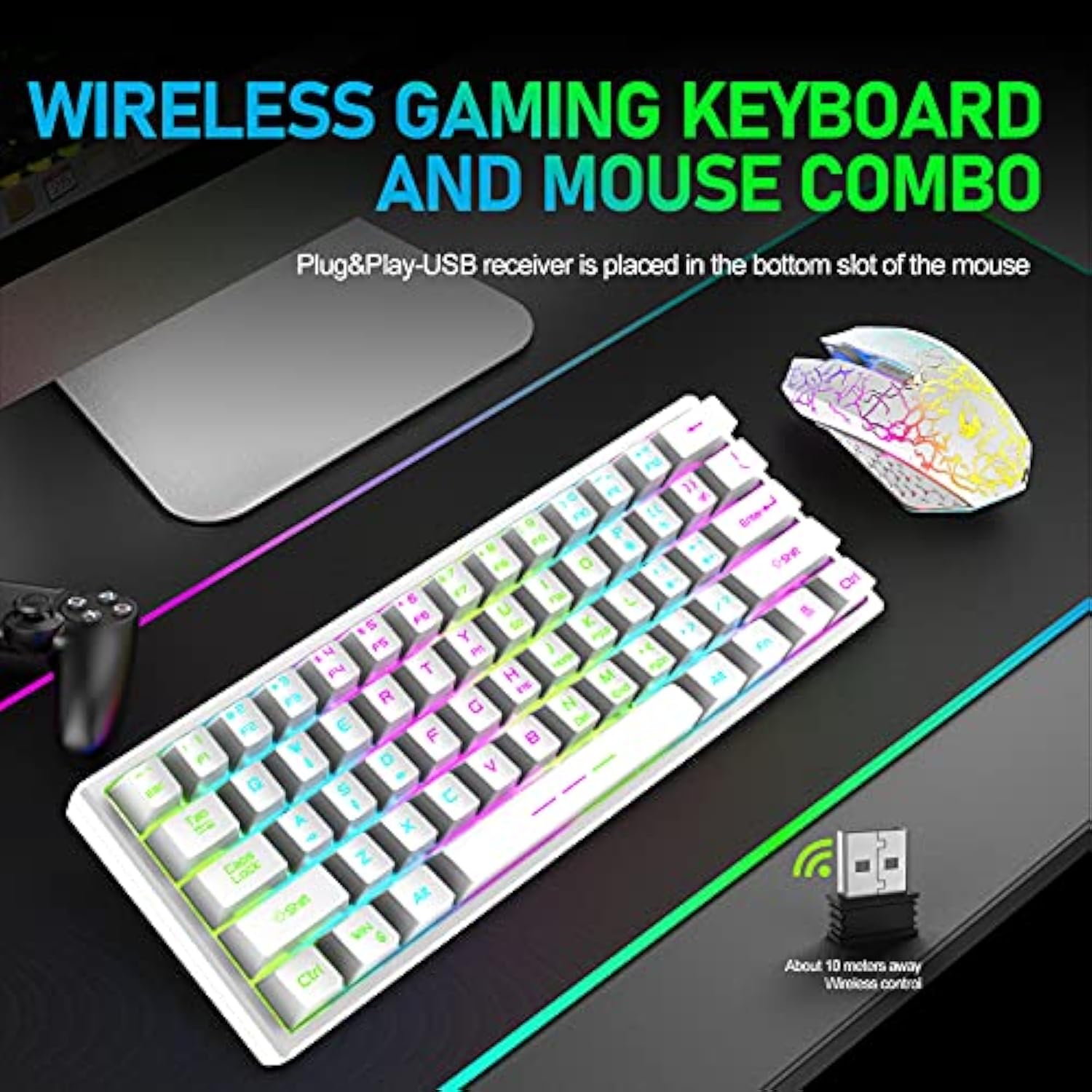 T61 Wireless Gaming Keyboard And Mouse Combo With Ergonomic 61 Key Rainbow Led Backlight Anti-Ghosting Mechanical Feel Rechargeable 4000Mah Battery Mouse Pad For Pc Mac Gamer Typists(White)