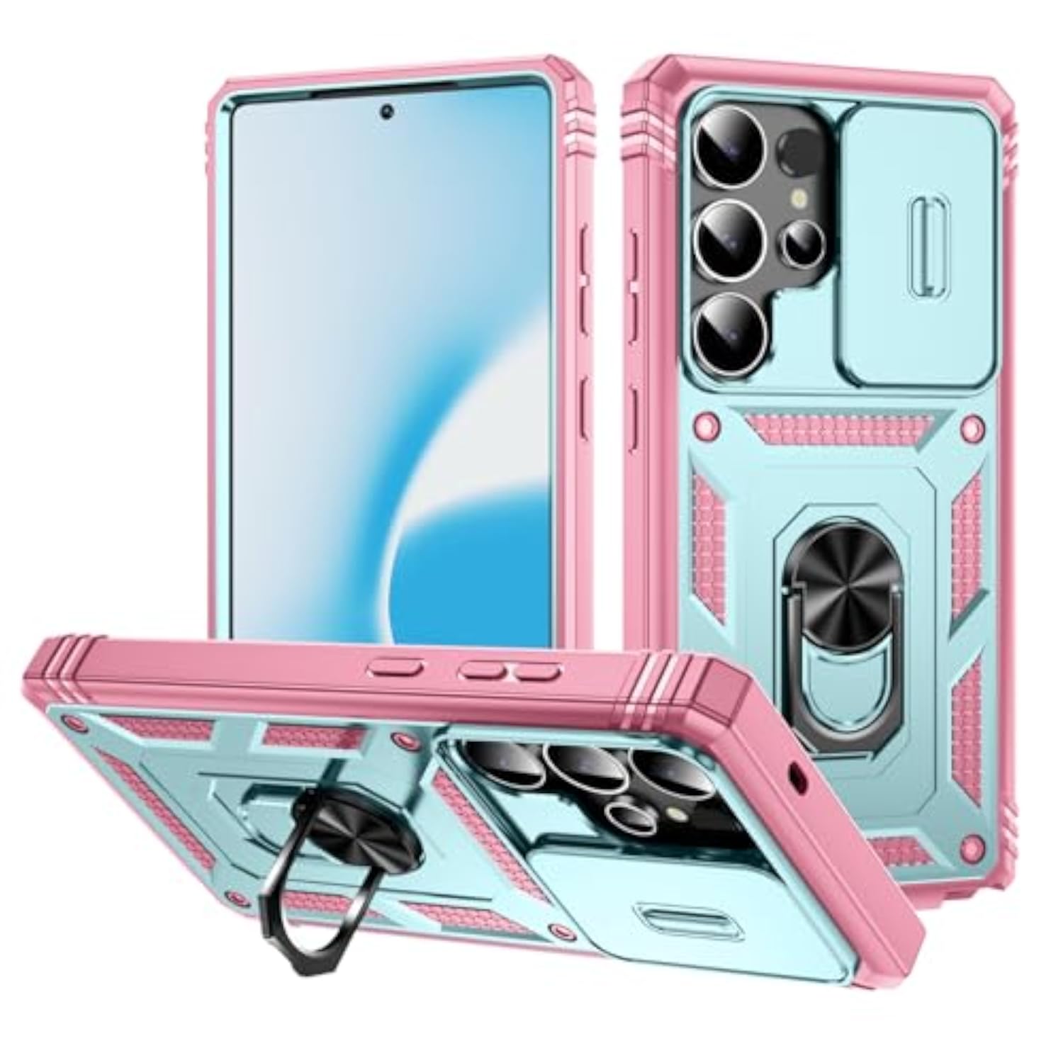 Galaxy S25 Ultra Protective Case with Slide Lens and Kickstand, Shockproof Impact Resistant Cover for Samsung Galaxy S25 Ultra (Pink Green)