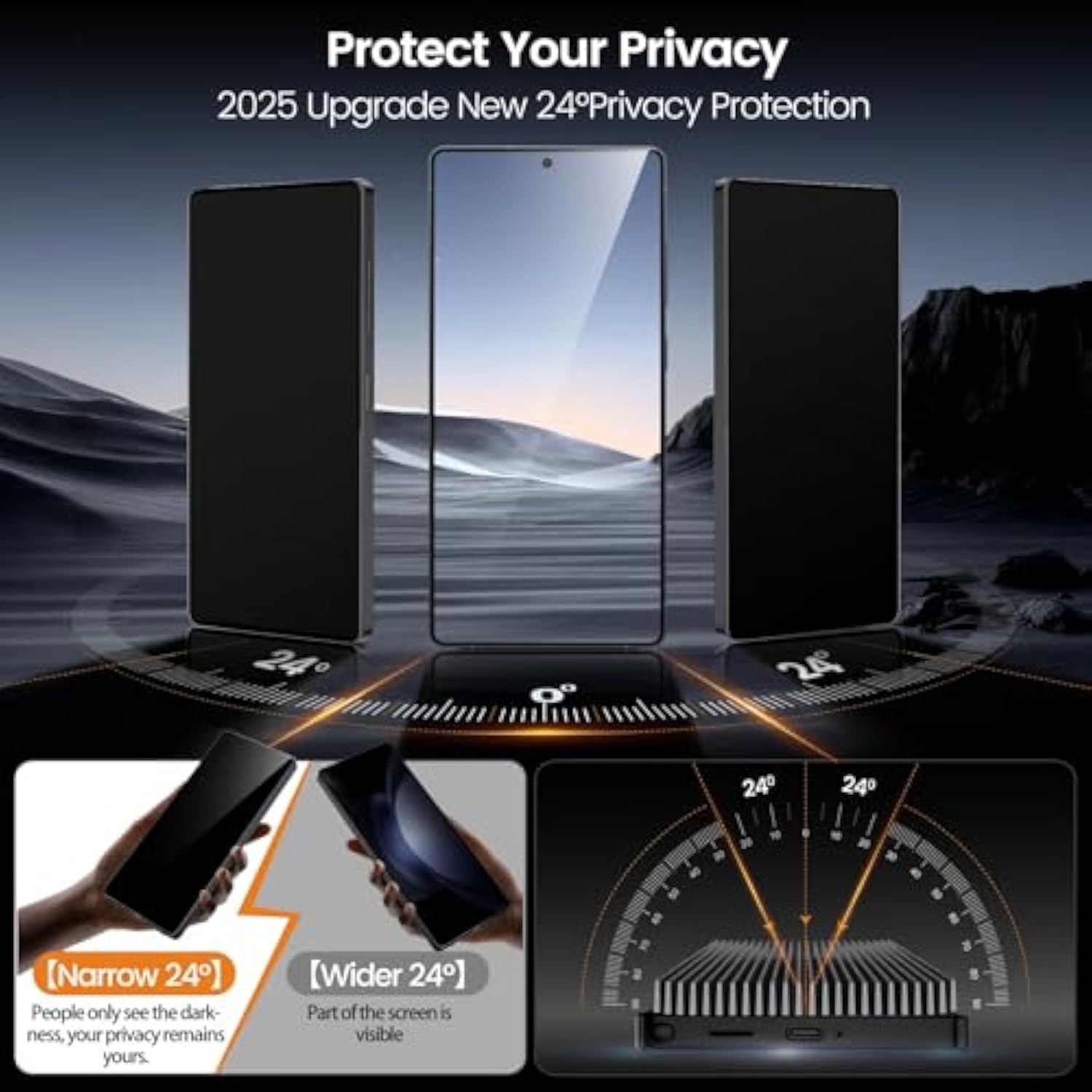2+2 Pack 9H+ Hybrid Glass For Samsung Galaxy S25 Ultra Screen Protector [0.02S Sensitive Fingerprint ] [24° Super Privacy] [Military Grade Shatterproof] Self Installation, Case Friendly