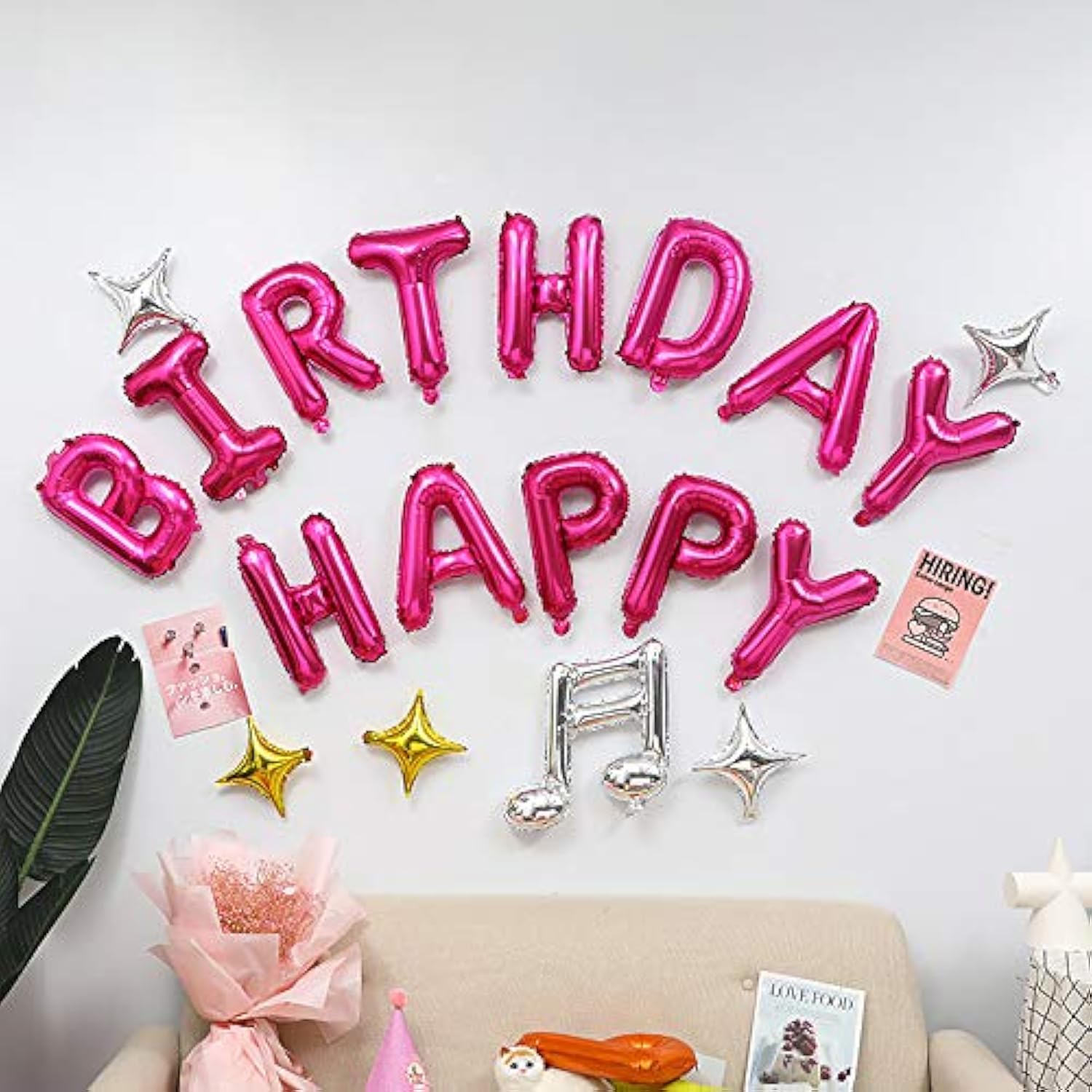 Hot Pink Happy Birthday Balloons Banner, 16 Inch Mylar Foil Letters Balloon Sign For Birthday Party Decorations Photo Booth Backdrop