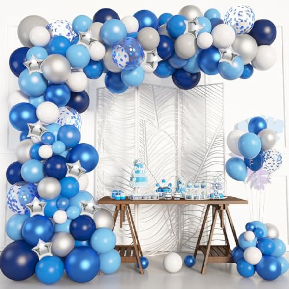 Navy Blue Balloons Arch Garland Kit, 144Pcs Royal Light Blue Confetti Silver Star Foil Balloons For Blue Boys Birthday Baby Shower Wedding Graduation Party Decorations Supplies