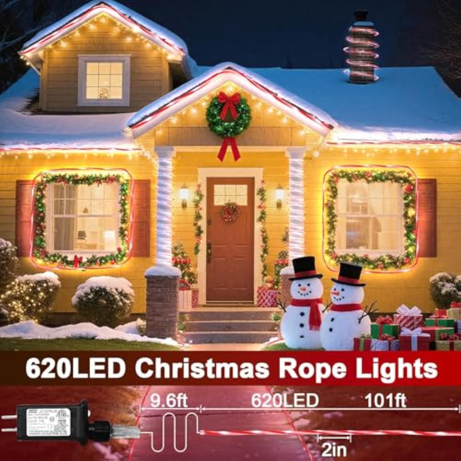 101Ft 620Led Candy Canes Rope Lights With 8 Lighting Modes, Candy Cane Christmas Lights Waterproof Christmas Lights Decoration For Party Garden Yard Halloween Holiday Tree Decoration