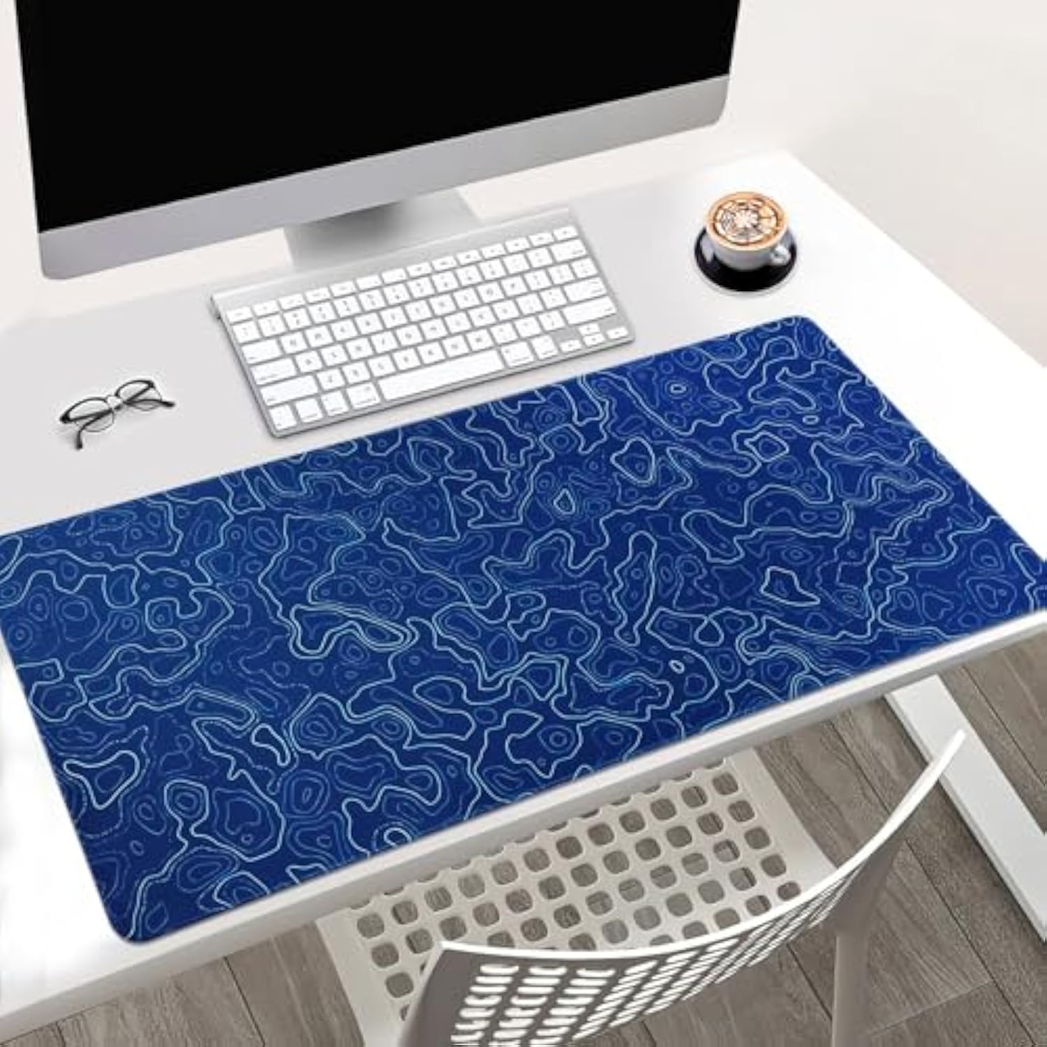 Large Desk Mat With Topographic Pattern, Gaming Mouse Pad, 31.5 X 15.7 Inches?Navy Blue