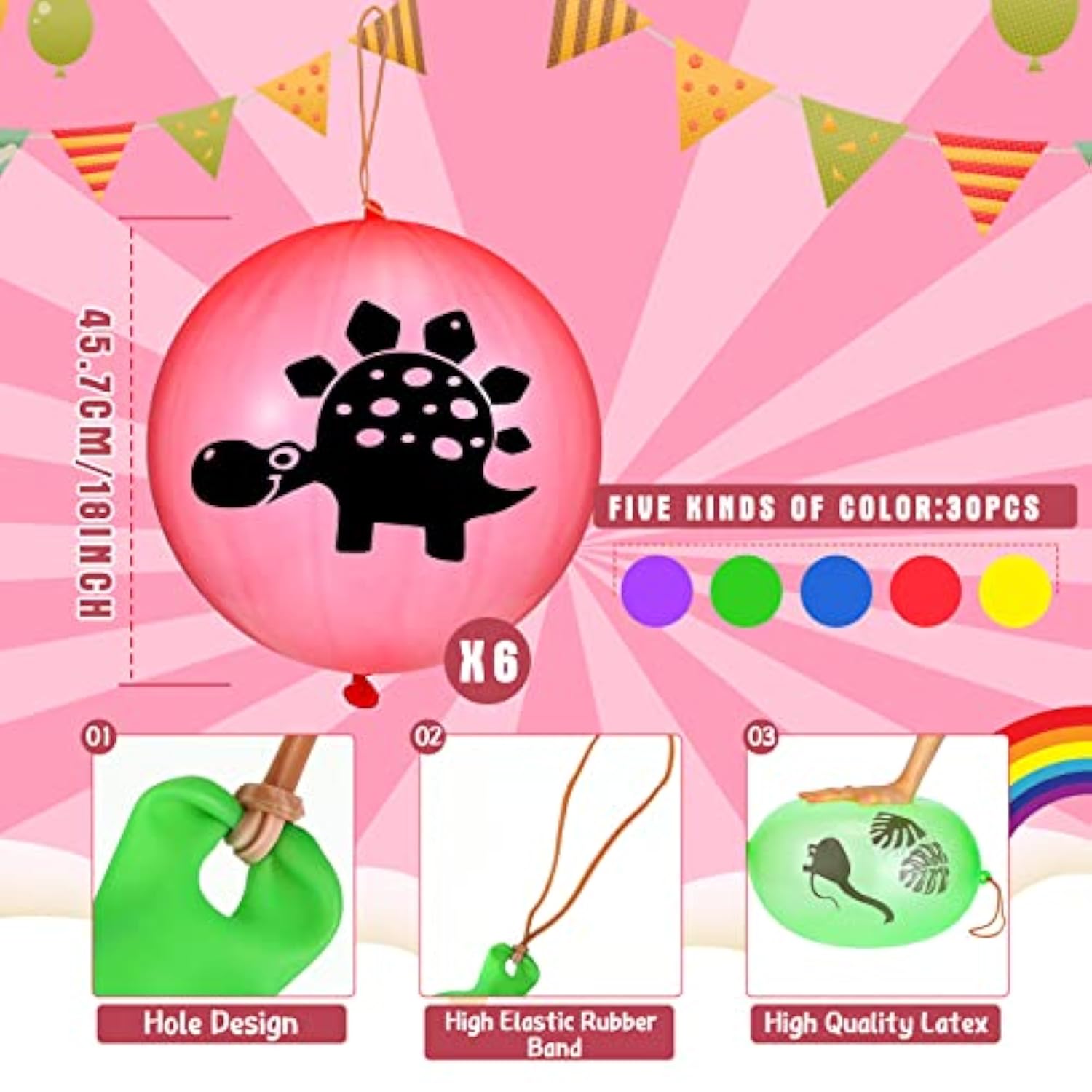 30 Pcs Dinosaur Punch Balloons For Kids 18 Inch Animal Pirate Skull Punching Balloon Punch Bounce Balls With Rubber Band For Valentines School Gift Exchange Birthday Party(Dinosaur)
