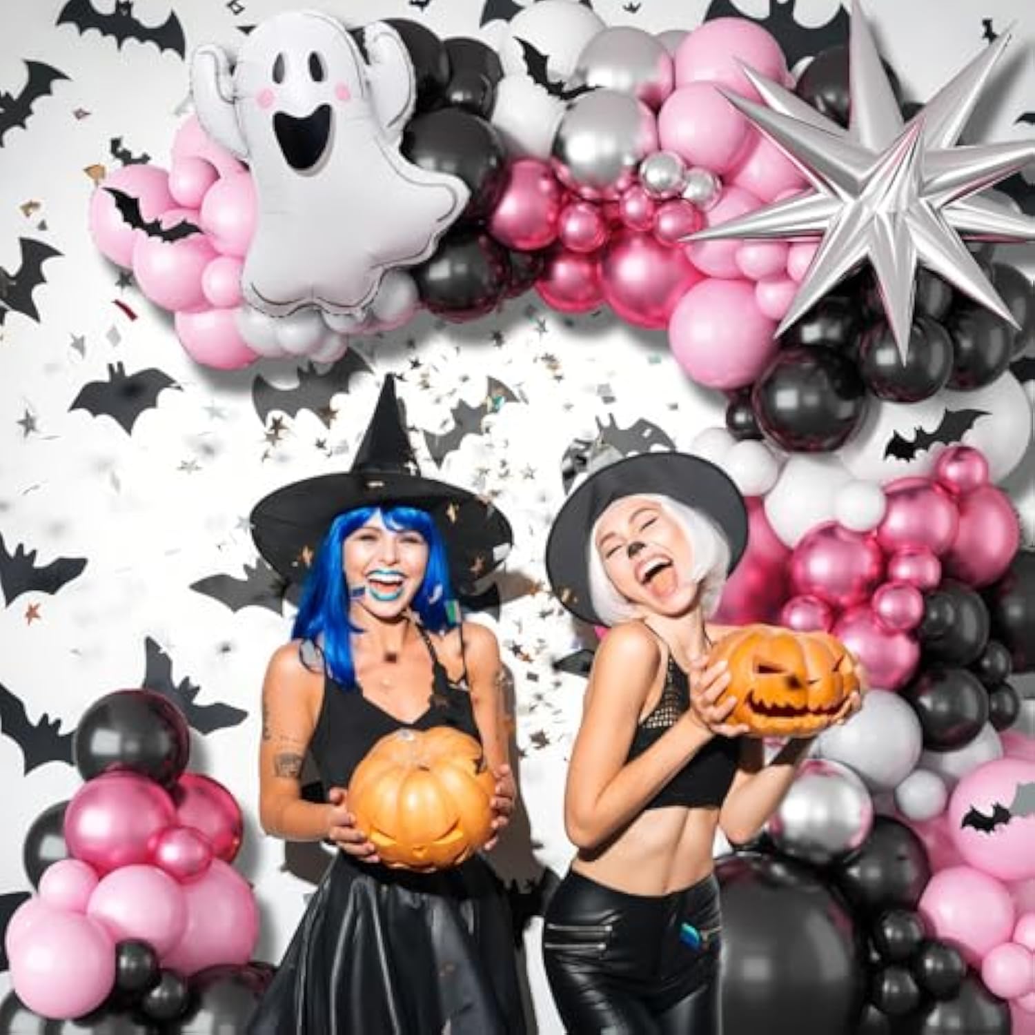 131Pcs Halloween Balloon Arch Kit - Pink, Black, Silver with Ghost, Star & 3D Bat Decor