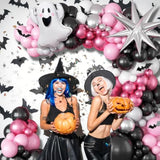 131Pcs Halloween Balloon Arch Kit - Pink, Black, Silver with Ghost, Star & 3D Bat Decor
