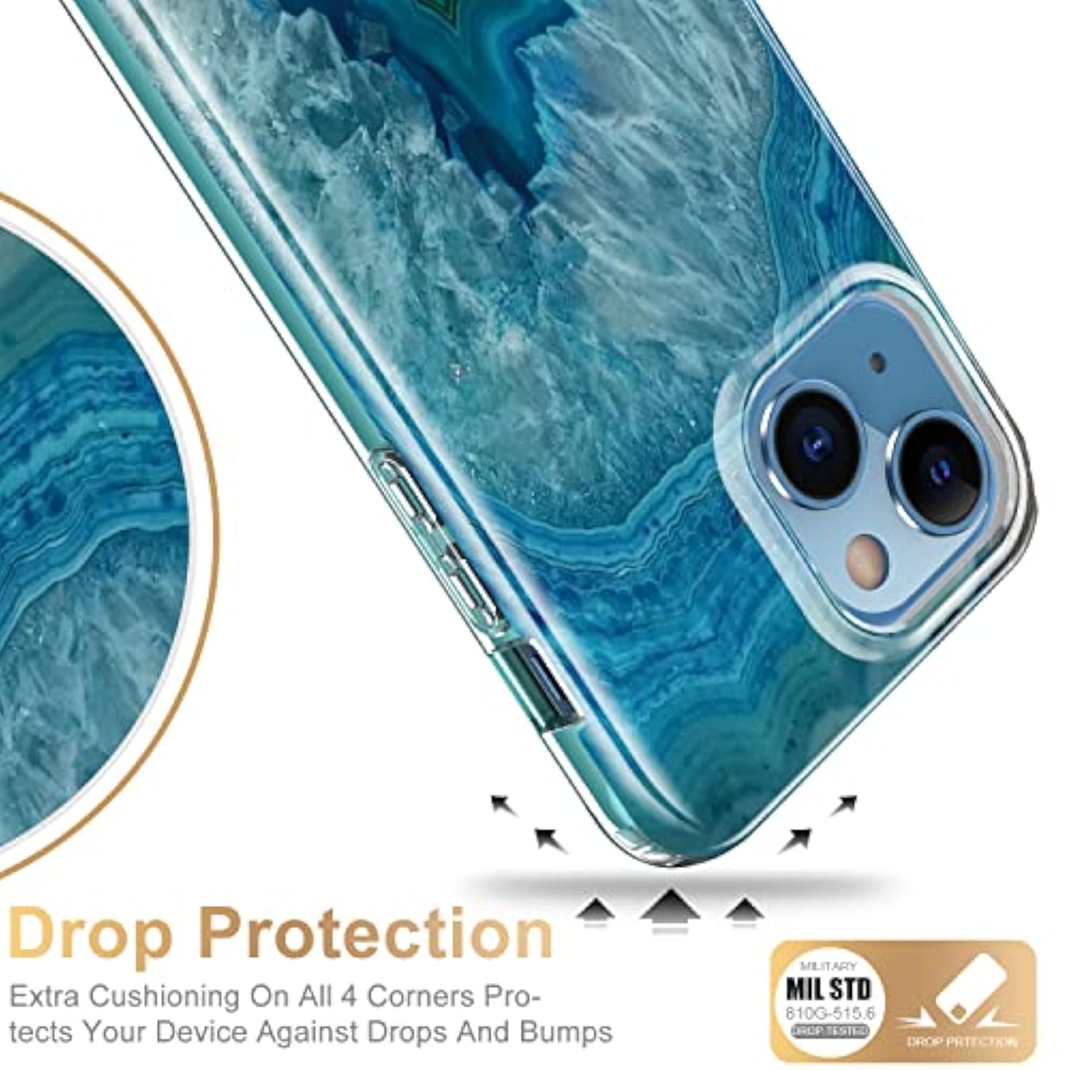 For Iphone 13 Case With Built-In Screen Protector,Military Grade Rugged Cover With Fashionable Designs For Women Girls,Protective Phone Case 6.1" Agate Stone