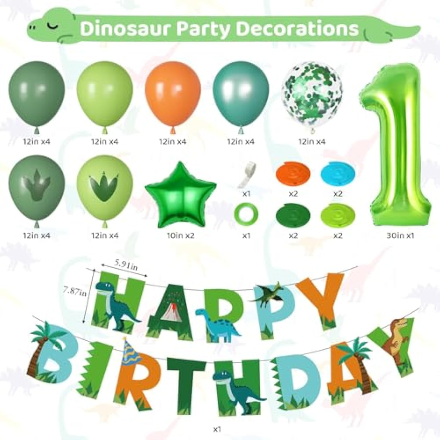 Dinosaur 1St Birthday Party Decorations For Boys Gir, Foil Green Star Number 1 Dinosaur Balloons With Happy Birthday Banner Hanging Swirls For Dino Baby Shower Kids Party Supplies