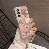 Luxury Crystal Rhinestone Flowers Glitter Diamond Pearl Cover Case for Samsung Galaxy Z Fold 7 5G with Flower Strap