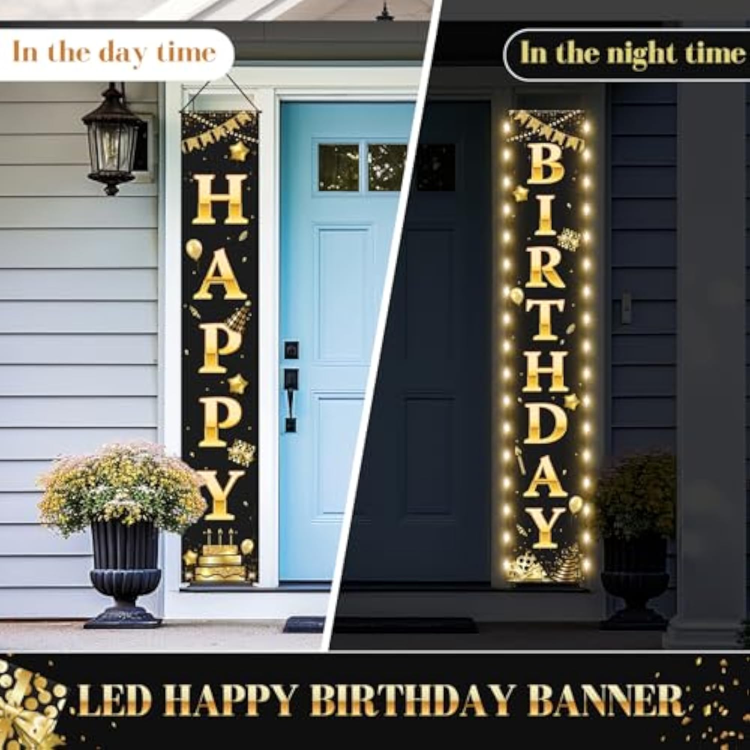 Happy Birthday Banner With Lights 71 X 12 Inch Led Happy Birthday Decoration Door Banner Party Porch Sign Outdoor Indoor Hanging Supplies For Women Men(Black Gold)