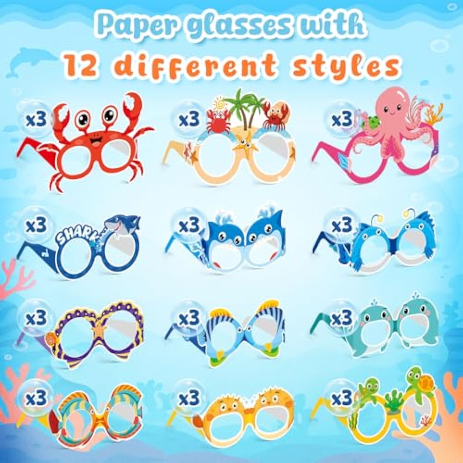 36Pcs Under The Sea Party Decorations, Sea Animal Party Favors Ocean Themed Paper Glasses For Summer Photo Booth Props Goodie Bag Stuffers
