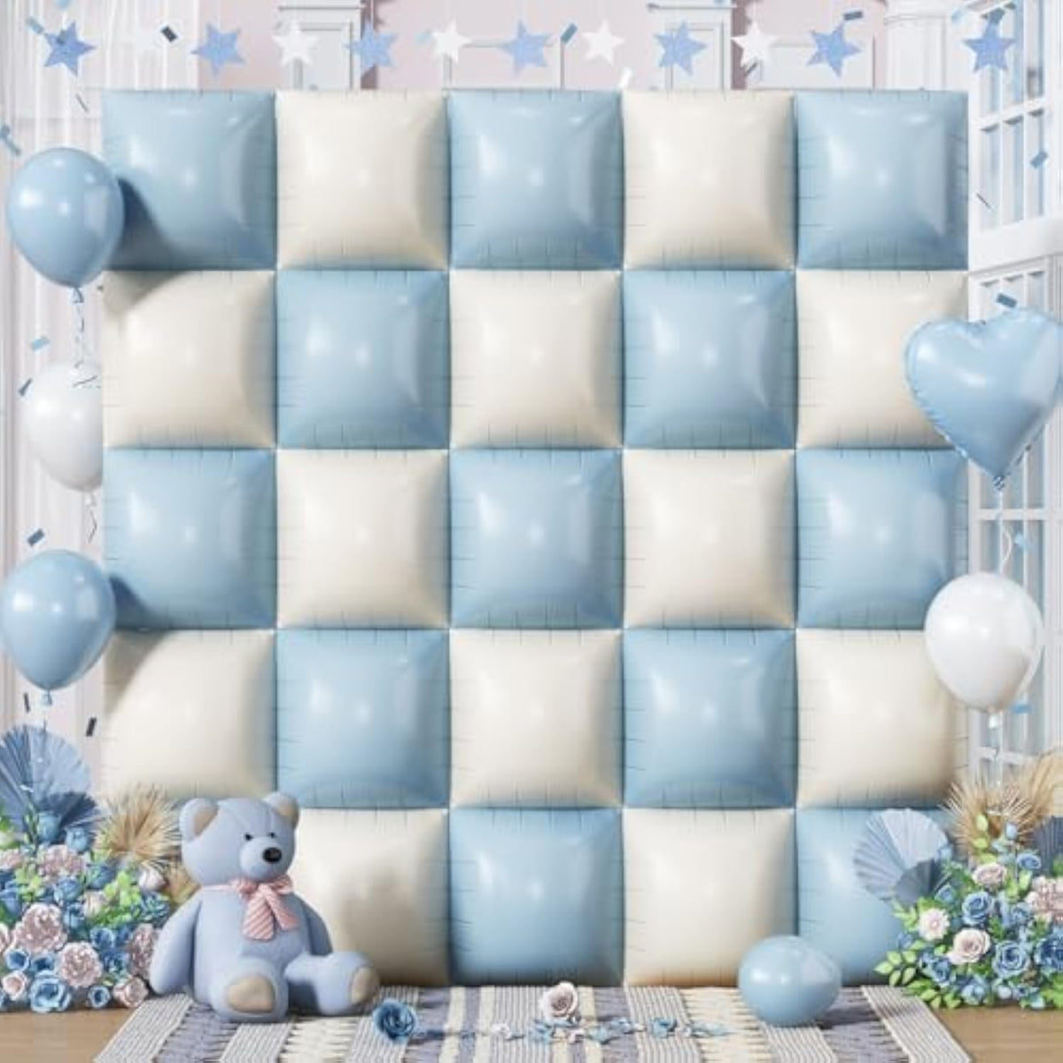 Baby Blue White Square Foil Balloons Wall, 25Pcs Dusty Blue And Pastel Cream Square Balloons Backdrop, Double Sided Tunnel Arch Background For Boho Baby Shower Boys Men Birthdays Wedding Bridal