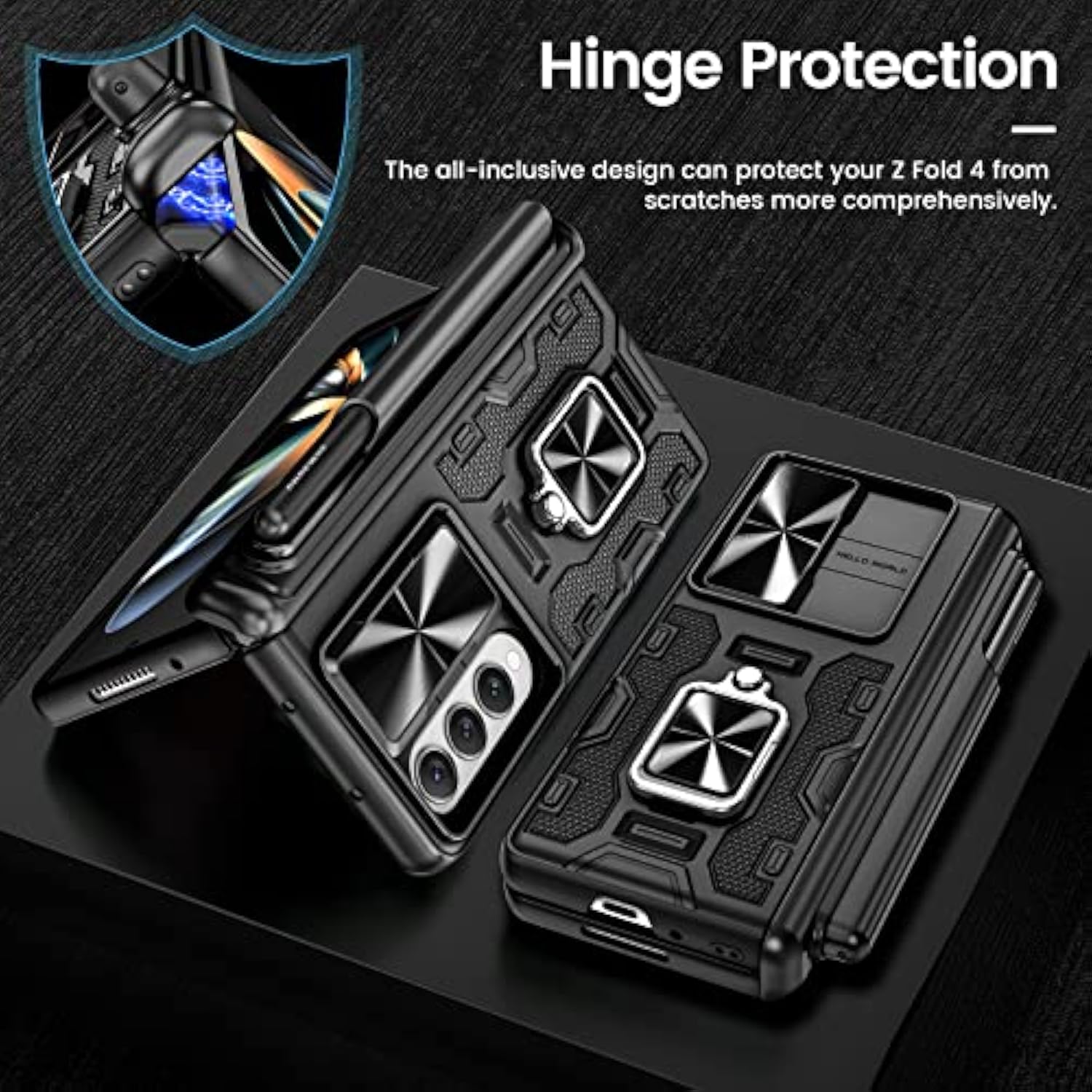 For Galaxy Z Fold 4 Case With S Pen Holder, [Hinge Protection][360°Ring Magnetic Kickstand][Slide Camera Cover][Front Screen Protector] Protective Armor Case For Samsung Galaxy Z Fold 4- Black
