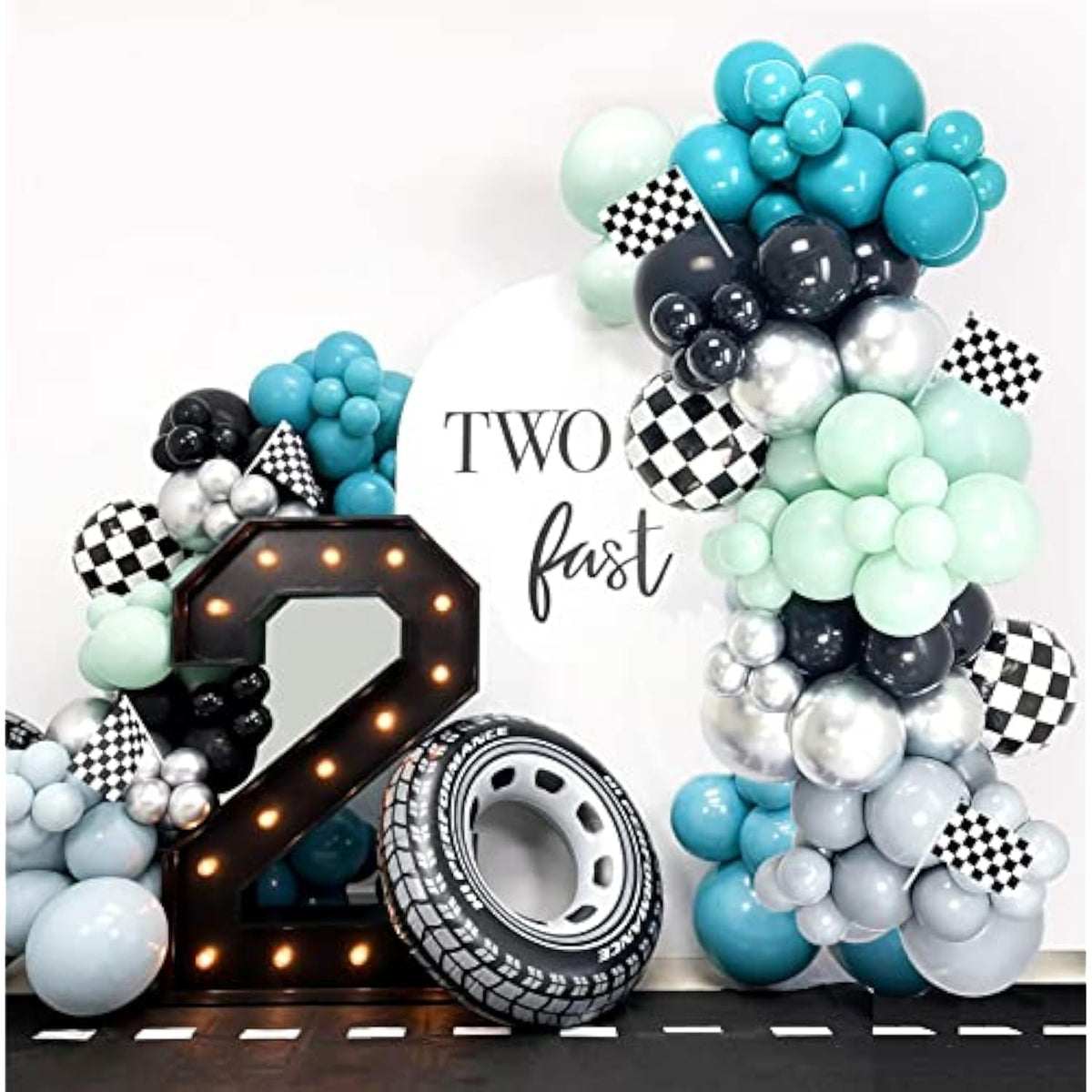 Race Car Balloon Garland Kit 130Pcs Two Fast Birthday Decorations Blue And Green White & Checkered Flag Balloons, Race Cars Party Supplies