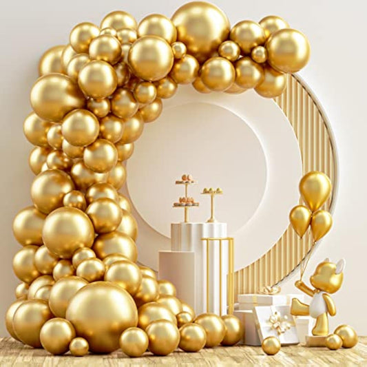 Gold Metallic Chrome Latex Balloon Arch Garland Kit, 102Pcs 18In 12In 10In 5In For Festival Picnic, Engagement, Wedding, Birthday, Gold Theme Anniversary Celebration Decoration With 33Ft Ribbon