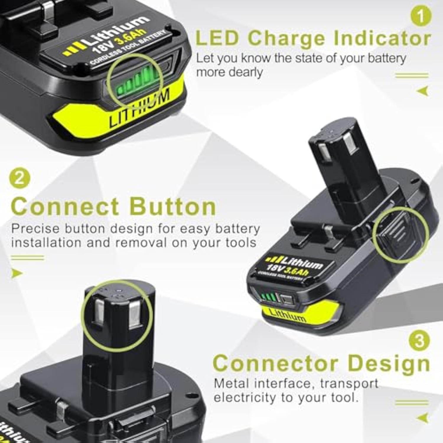 2-Pack P102 3.6Ah 18V Lithium-Ion Battery Replacement for Ryobi 18V Tools