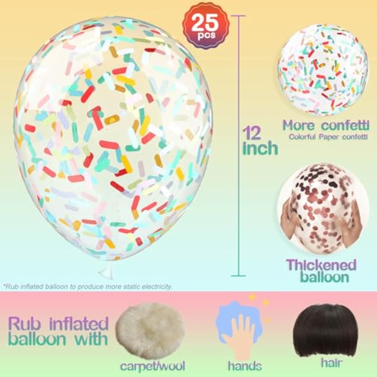 25 Pcs Rainbow Confetti Balloons, 12 Inch Thickened Clear Latex Balloon With Confetti Inside For Birthday Party Baby Shower Graduation Engagement Bridal Shower Decorations Supplies (Long Confetti)