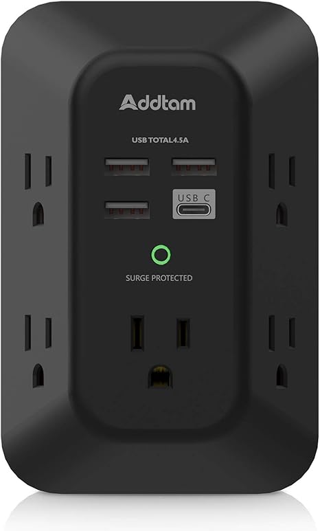 Surge Protector Outlet Extender 5 Outlets 4 USB Ports 1800J 3 Side Wall Plug Black