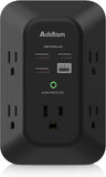 Surge Protector Outlet Extender 5 Outlets 4 USB Ports 1800J 3 Side Wall Plug Black