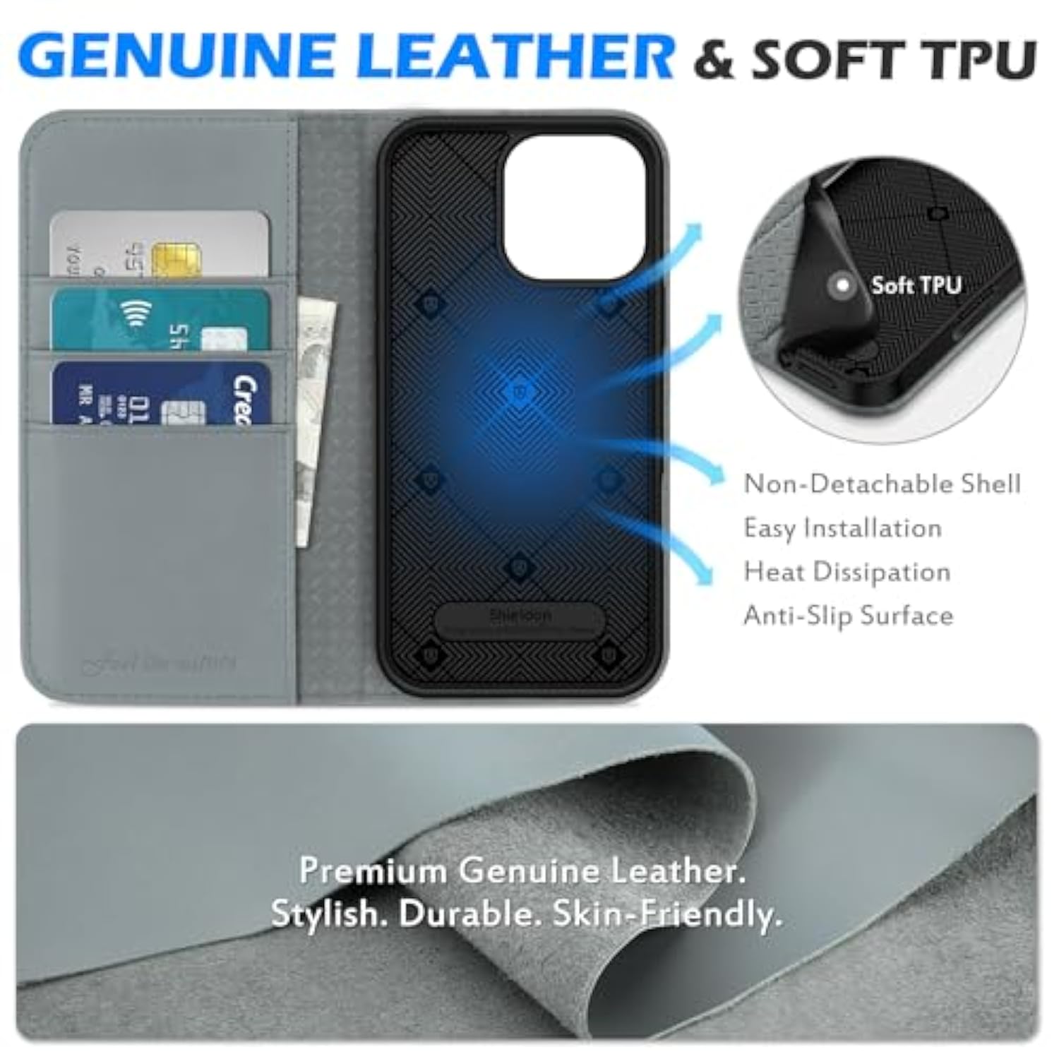 SHIELDON Wallet Case for iPhone 16 Pro Max 6.9-inch, Genuine Leather Folio Case with Kickstand RFID Blocking Card Slot Magnetic Shockproof Cover Compatible with iPhone 16 Pro Max 5G 2024 - Nappa Gray
