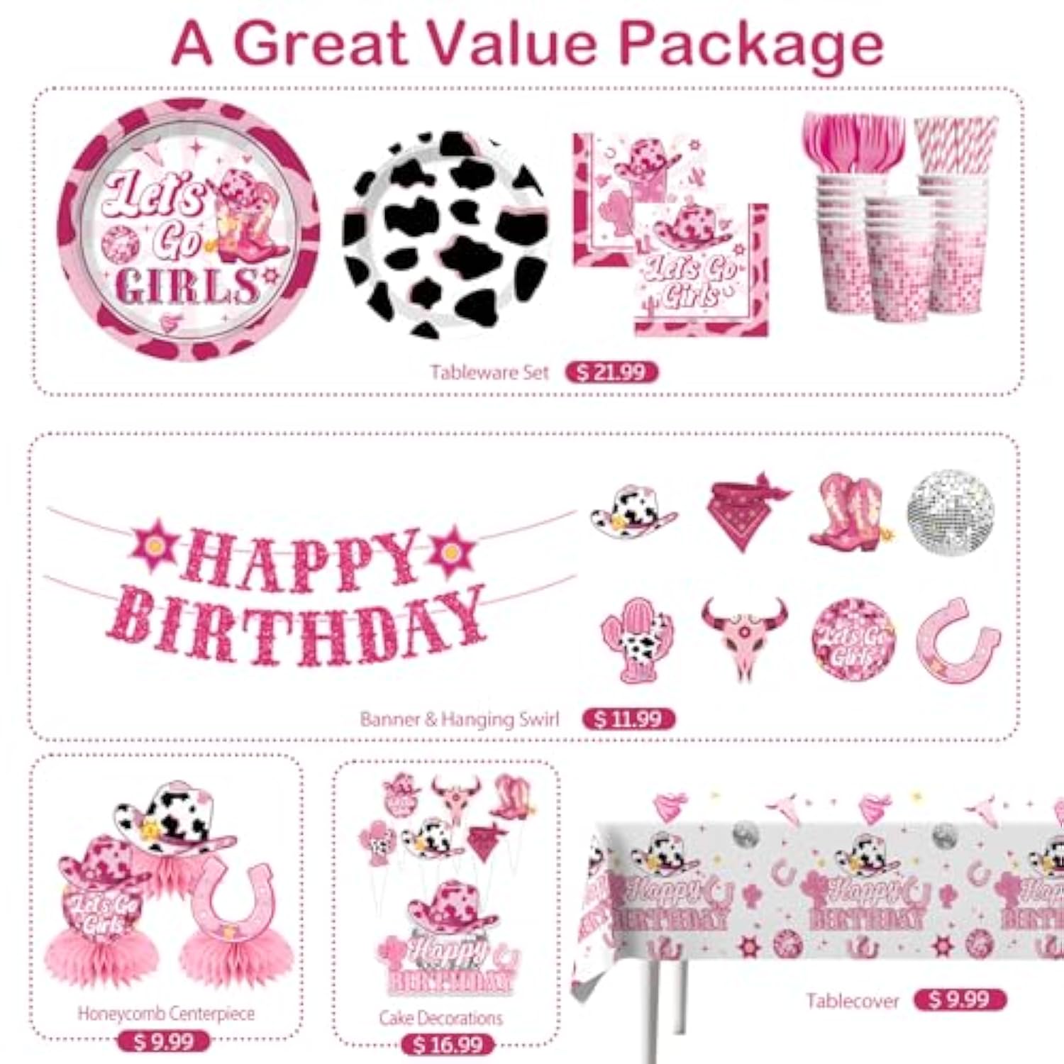 Cowgirl Birthday Party Decorations Pink Western Girl Banner Cake Decorations Disco Cowgirl Plates And Napkins Set For Rodeo Hot Pink Let'S Go Girls Party Supplies