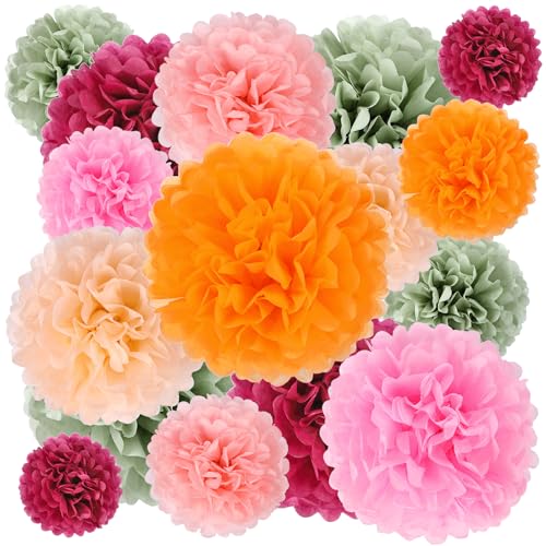 16 PCS Red Green Party Decorations Tissue Paper Flowers Pom Poms Decorations for Girl Groovy Birthday Baby Shower Wedding Bachelorette Room Wall Hanging Décor