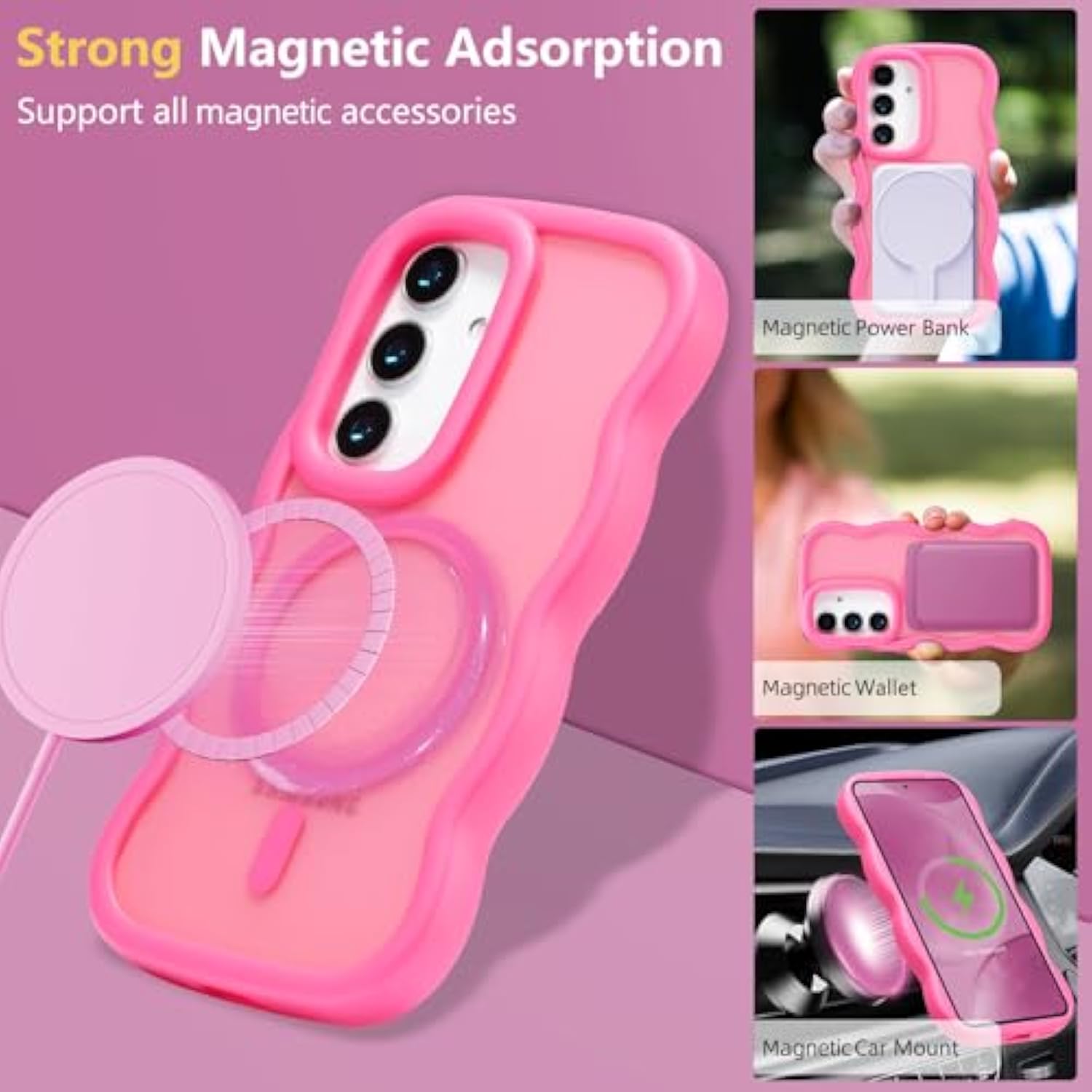 For Samsung Galaxy A16 4G/5G Case, Cute Wavy Compatible With Magsafe, Curly Wave Frame Women Men Magnetic Clear Matte Tpu Bumper Shockproof Case For A16, Hot Pink