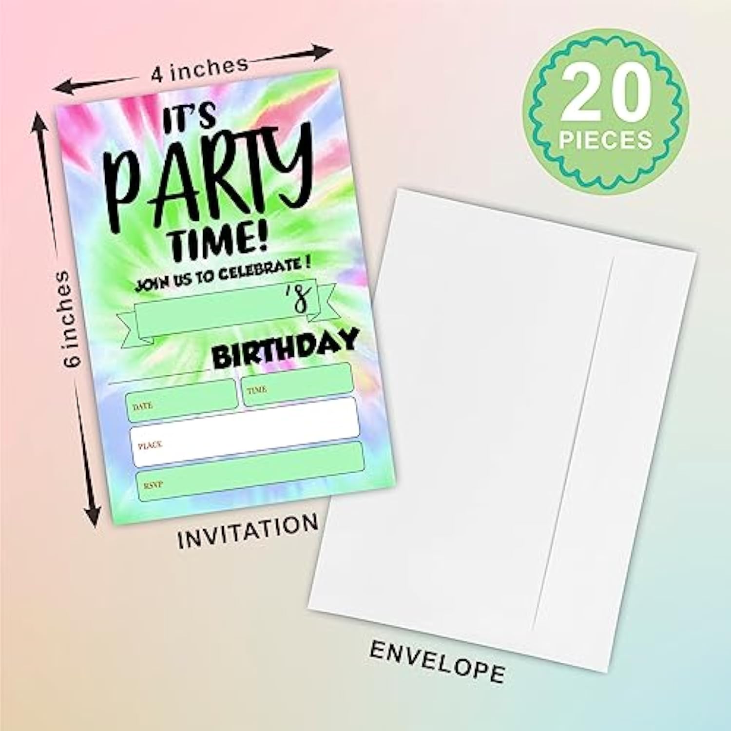 It'S Party Time! Birthday Invitations, Tie Dye Theme Birthday Party Invite Cards For Boys & Girls - 20 Double Side Fill-In Invites With Envelopes, Party Favor & Decorations - 29