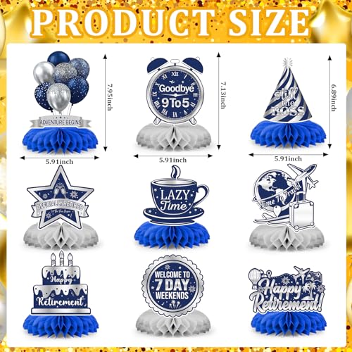 9 Pcs Retirement Party Decorations Honeycomb Centerpieces, Blue Silver Happy Retirement Table Decorations, Funny Officially Retired Table Toppers for Men Women Party Supplies