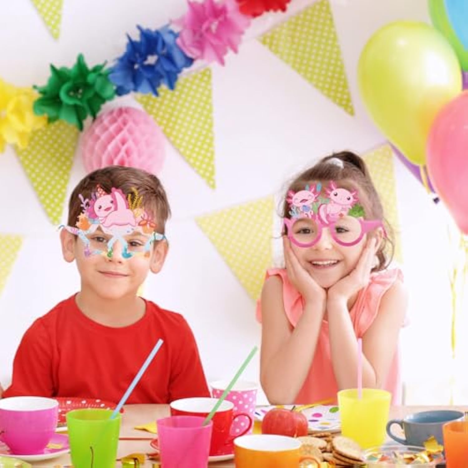Axolotl Birthday Glasses Decorations, 24Pcs Axolotl Party Photo Booth Prop Supplies, Cute Salamander Gift Favors Eyeglasses Dress Up Cosplay