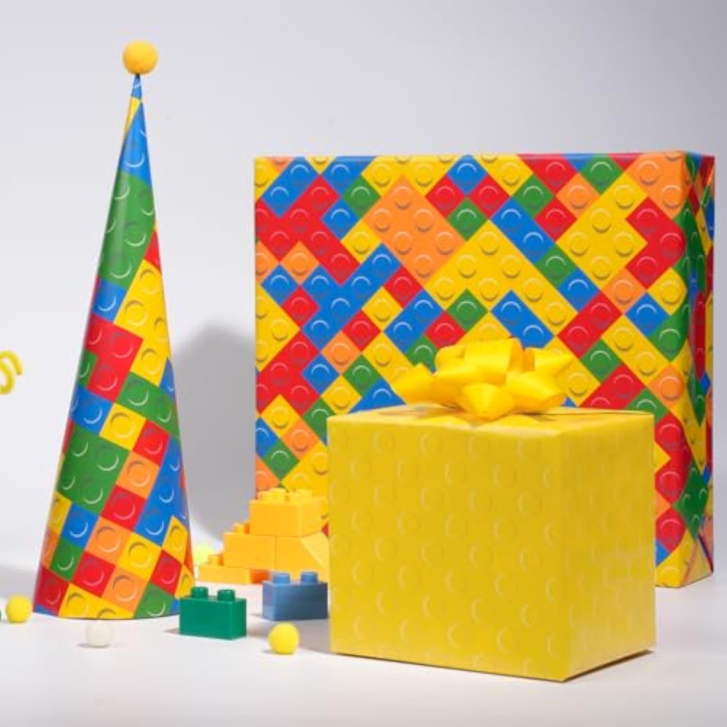Reversible Building Blocks Wrapping Paper For Boys Girls - 17 Inch X 33 Ft - Colorful Building Bricks Design Gift Wrap Paper For Kids Birthday Party Toy Lovers