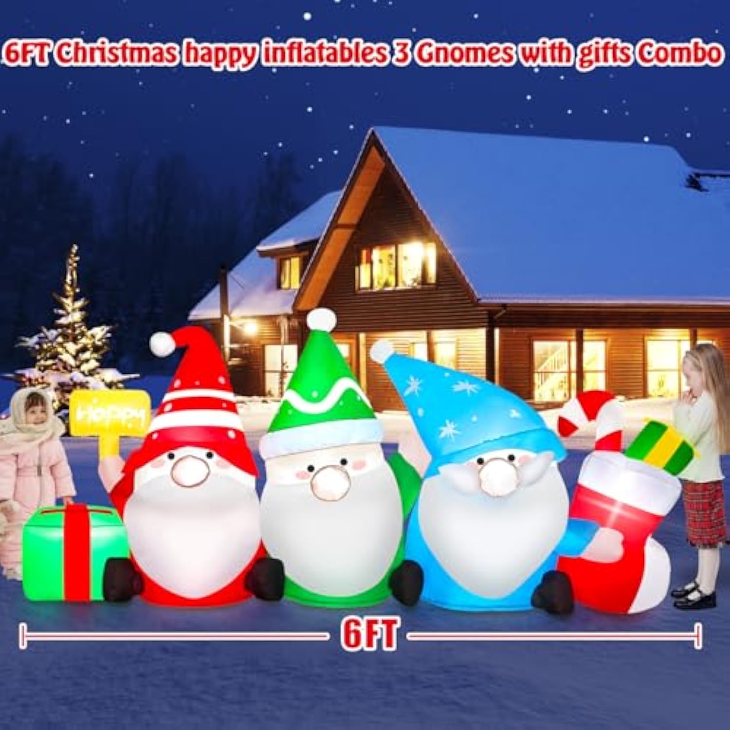 6 Ft Long Christmas Inflatable Outdoor Decoration Gnomes With Gift Box & Socks, Funny Merry Xmas Figures Winter Blow Up