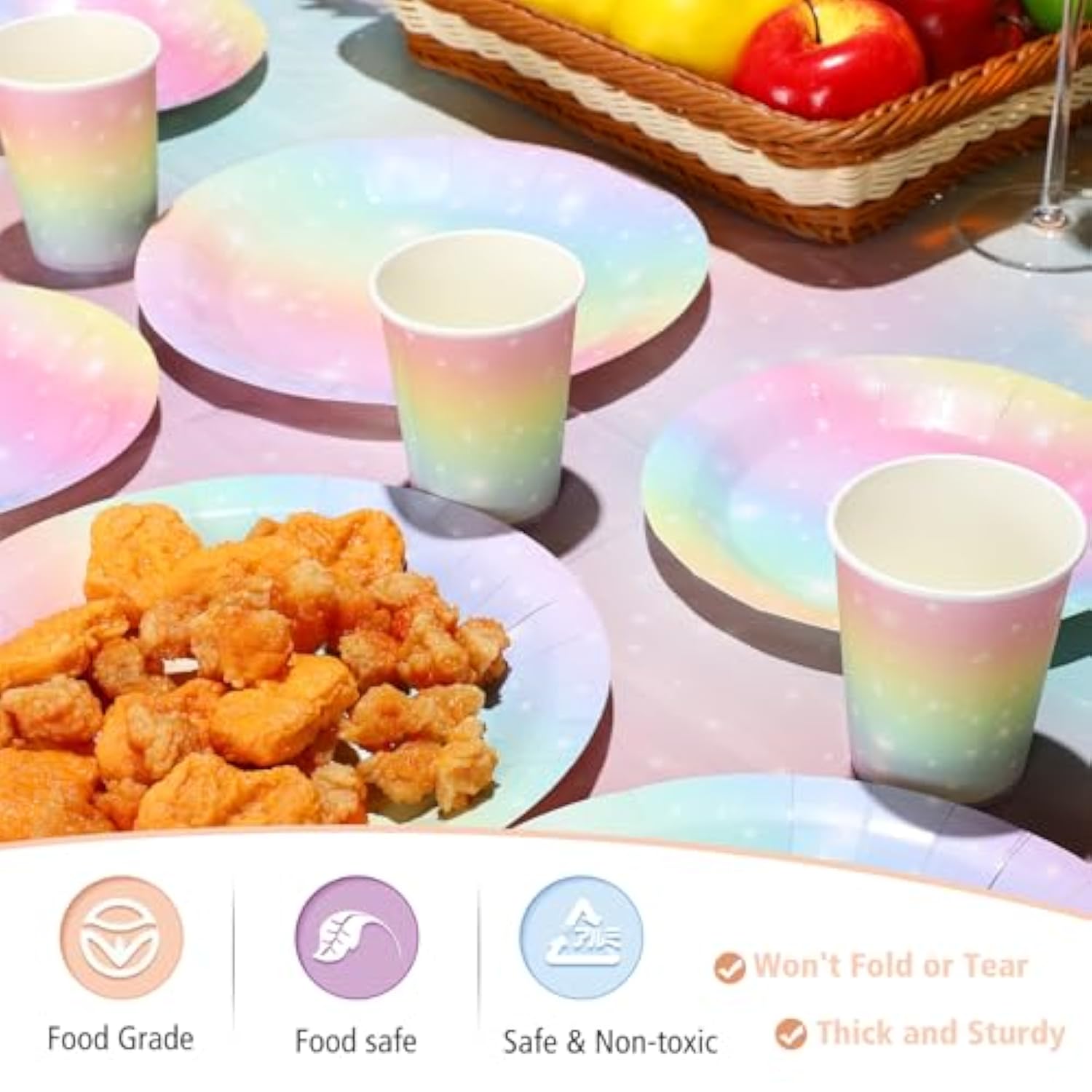 172pcs Pastel Rainbow Tableware Set with Plates, Napkins, Cups & Party Decor