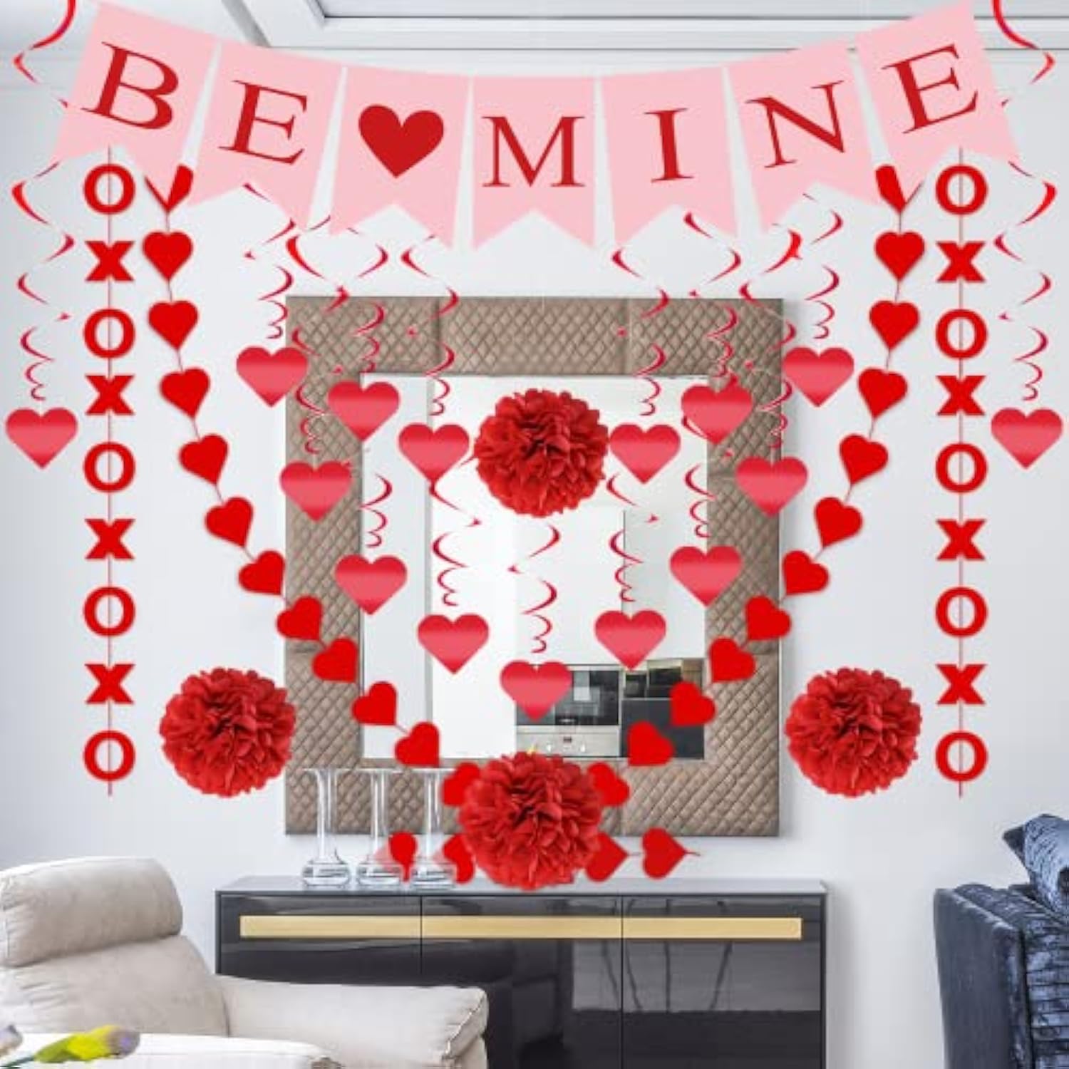 21Pcs Valentines Day Decorations Valentines Day Decor Pre-Assembled Hanging Heart Swirls Be Mine Love Heart Xo Garlands Banner For Home Classroom Office Wedding Party