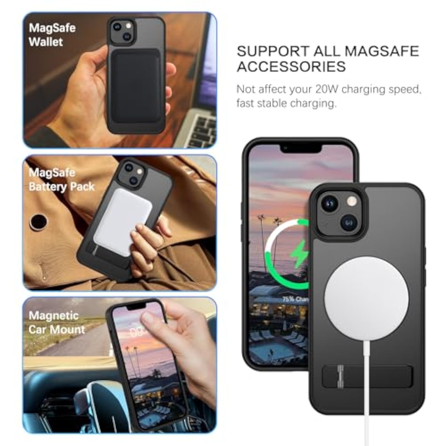 Magnetic For Iphone 14/Iphone 13 Case, Compatible With Magsafe With Invisible Kickstand, Translucent Matte Back Tpu Bumper Military Grade Iphone 14/Iphone 13 Phone Case, Black