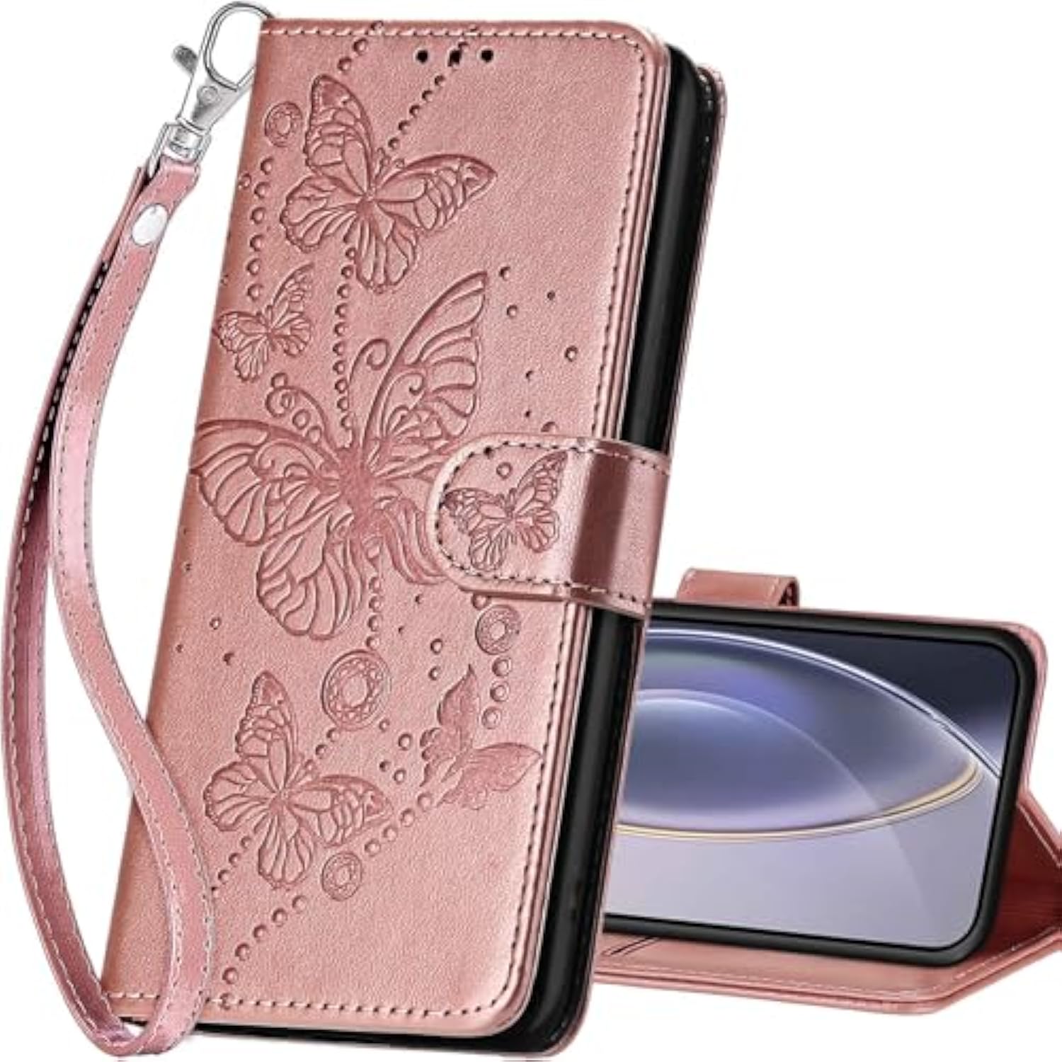 For Iphone 16 Pro Max Wallet Case, Flip Folio Cover With Stand Feature For Women Men, Pu Leather Phone Case Fit For Iphone 16 Pro Max 6.9'' [Rose Gold-Butterfly]