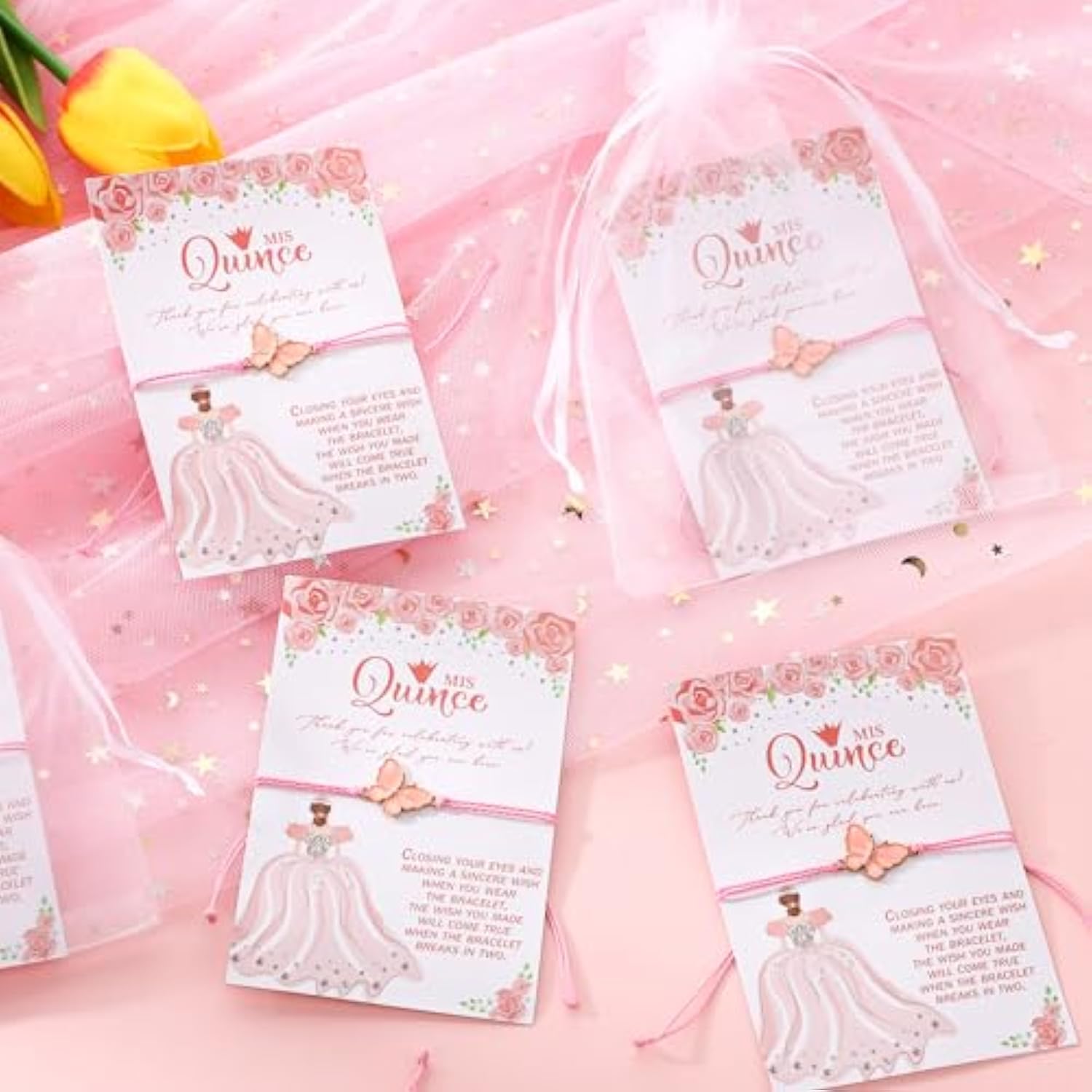 50 Sets Quinceanera Party Favors For Guests Butterfly Wish Bracelet With Thank You Cards And Organza Gift Bags Quinceanera Gift For Sweet 15 Year Birthday Supply Recuerdos De Quinceañera (Pink)