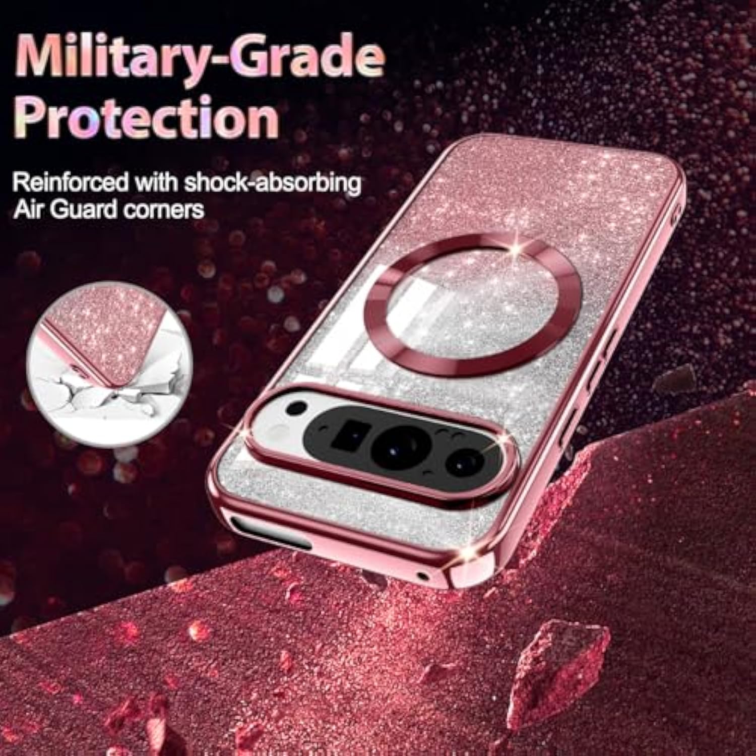 For Google Pixel 9/9 Pro Case, Compatible With , Glitter Sparkle Magnetic Plated Slim Shockproof Soft Tpu Bumper Full Protection Case, Rose Gold