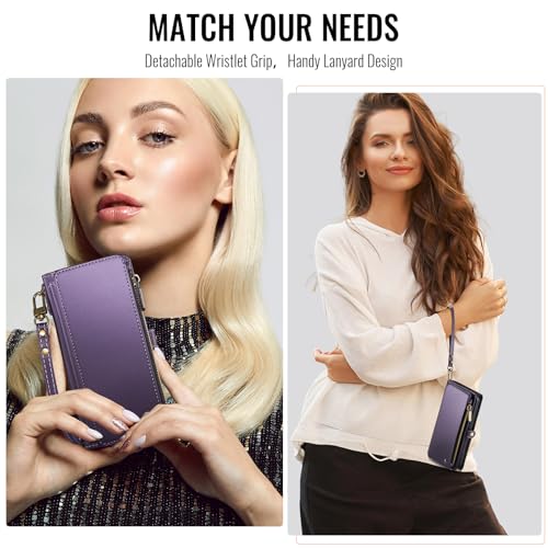 for Galaxy S25 Case Wallet with RFID Blocking Card Holder for Women, Elegant PU Leather Magnetic Snap Flip Wristlet Strap Zipper Wallet Phone Cases