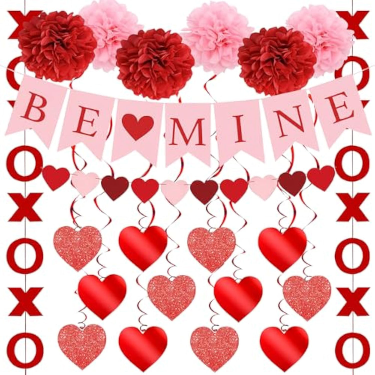 Upgraded Valentines Day Decorations Set Pre-Assembled Hanging Heart Swirls,Be Mine Banner,Heart Xo Garlands Banner For Valentines Wedding Engagement Anniversary Party